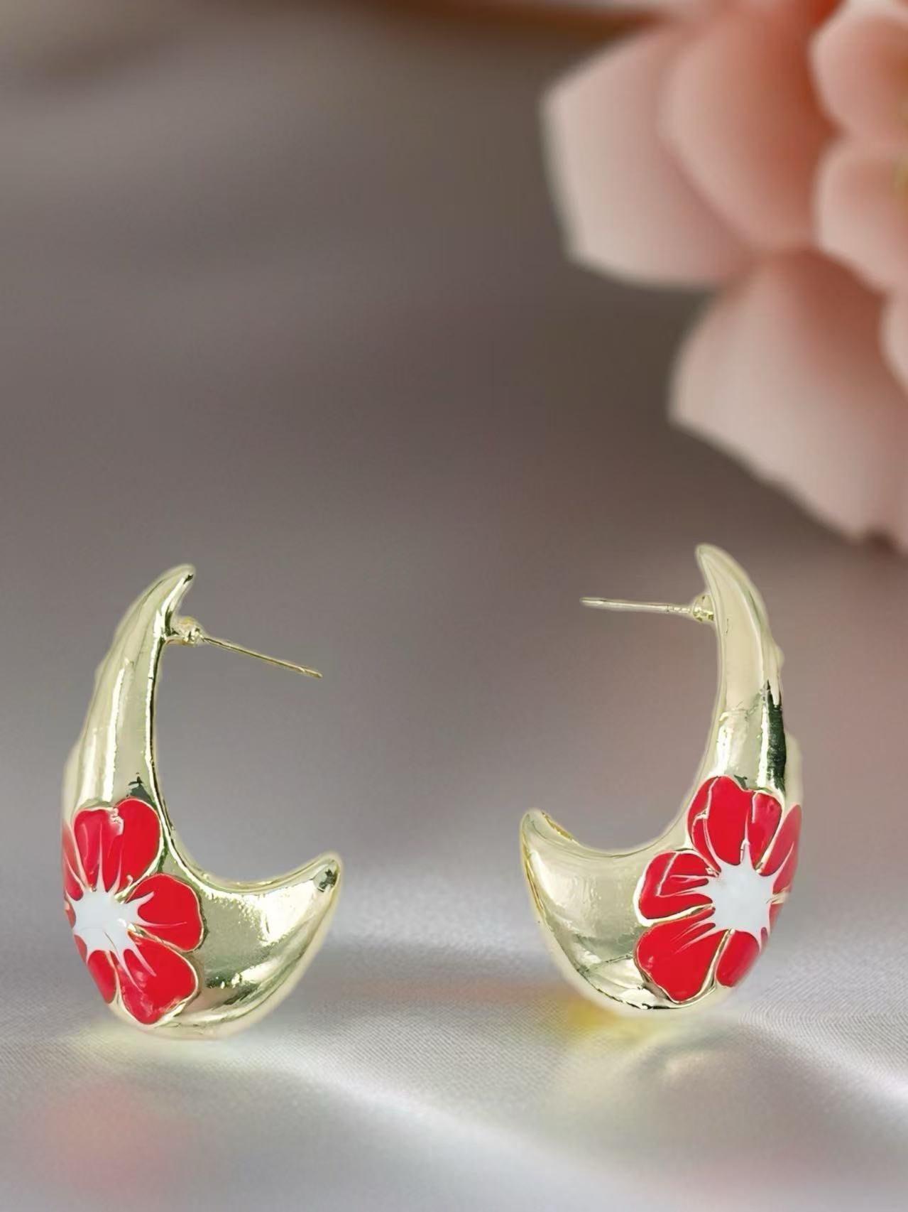 Gold-Tone Curved Floral Enamel Earrings – Multicolor Variants