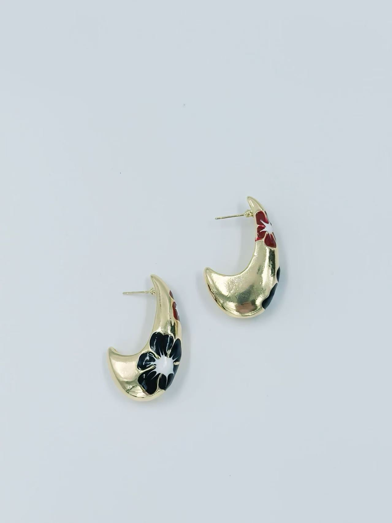 Gold-Tone Curved Floral Enamel Earrings – Multicolor Variants