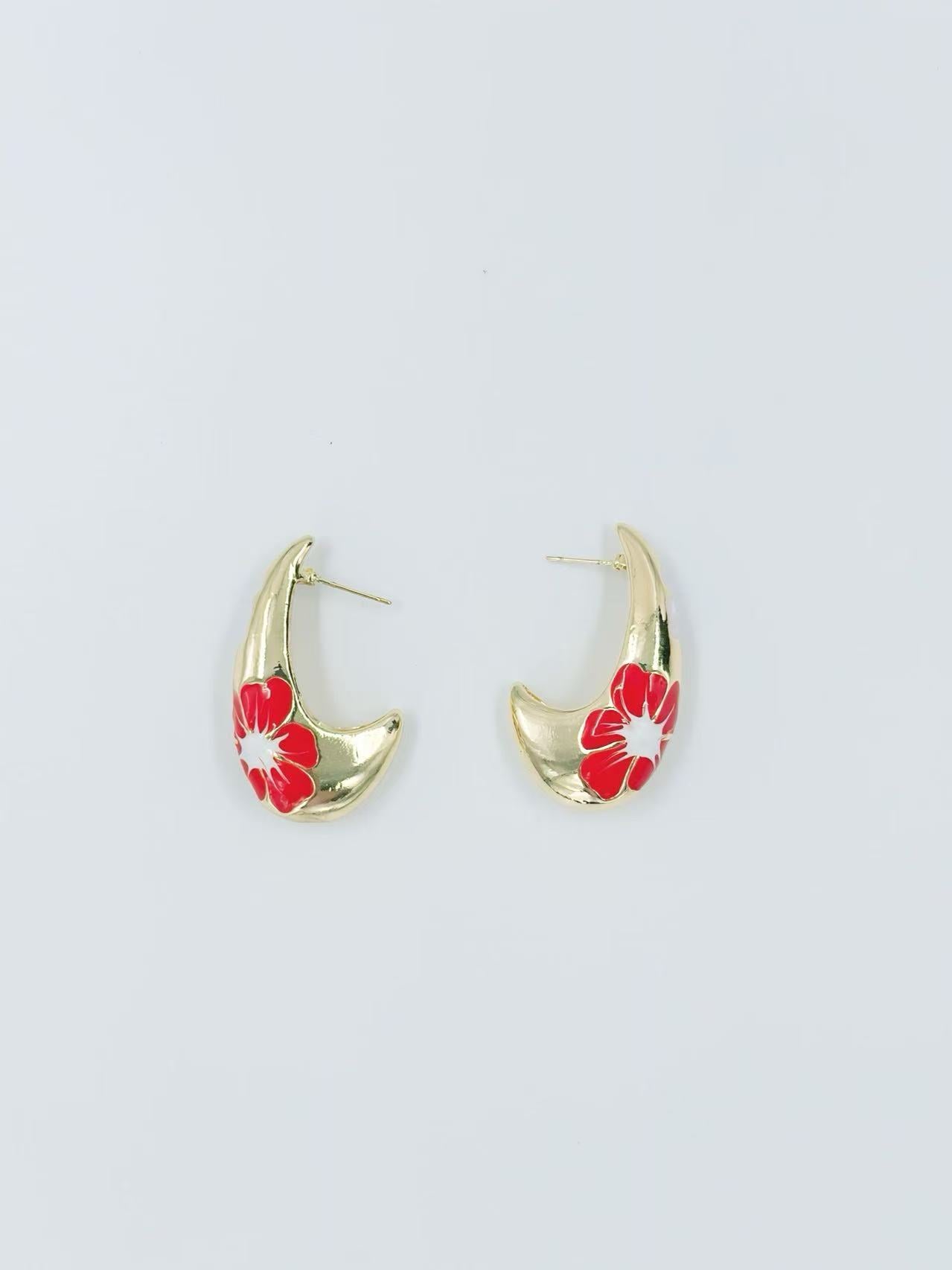Gold-Tone Curved Floral Enamel Earrings – Multicolor Variants
