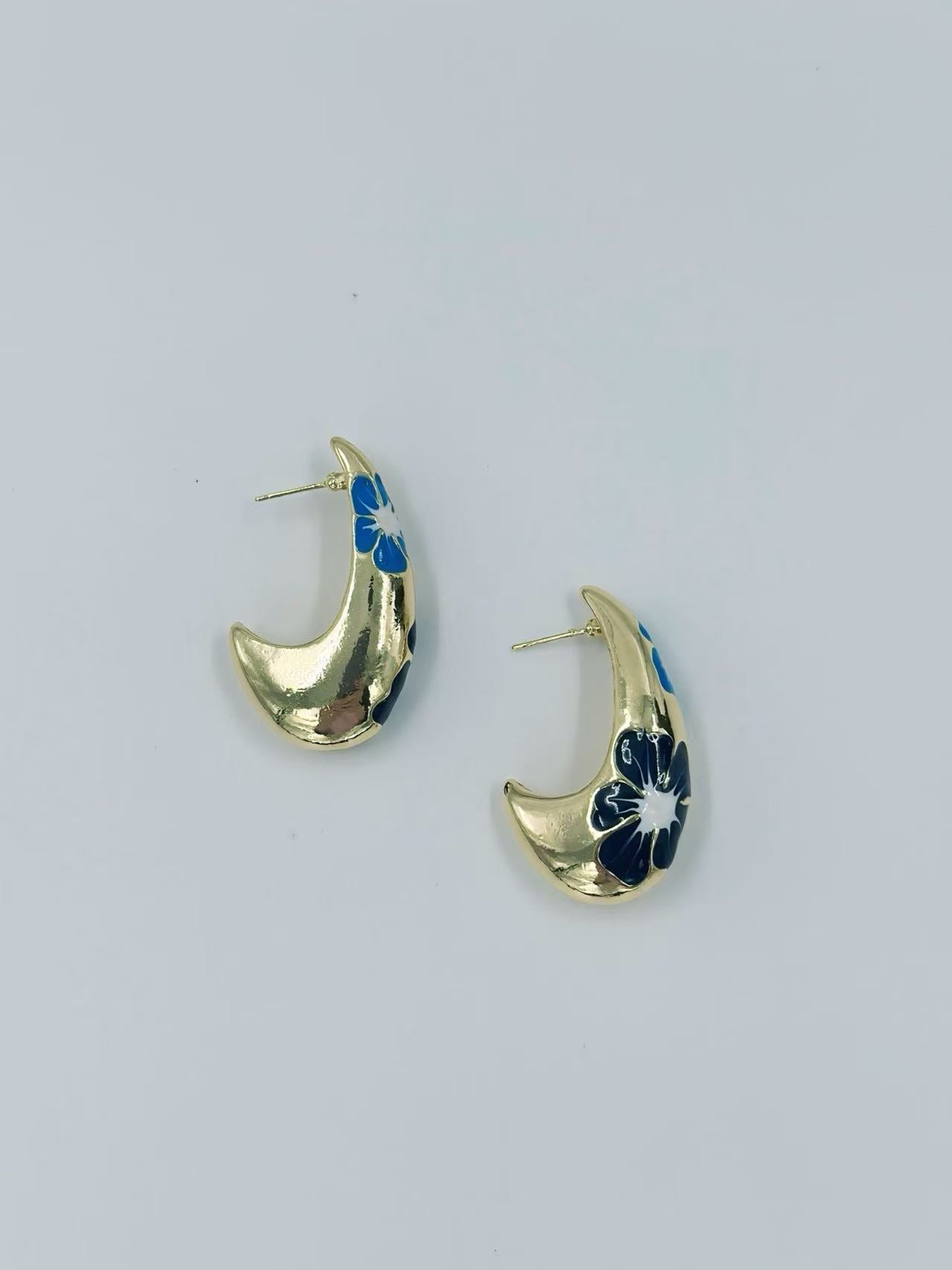 Gold-Tone Curved Floral Enamel Earrings – Multicolor Variants