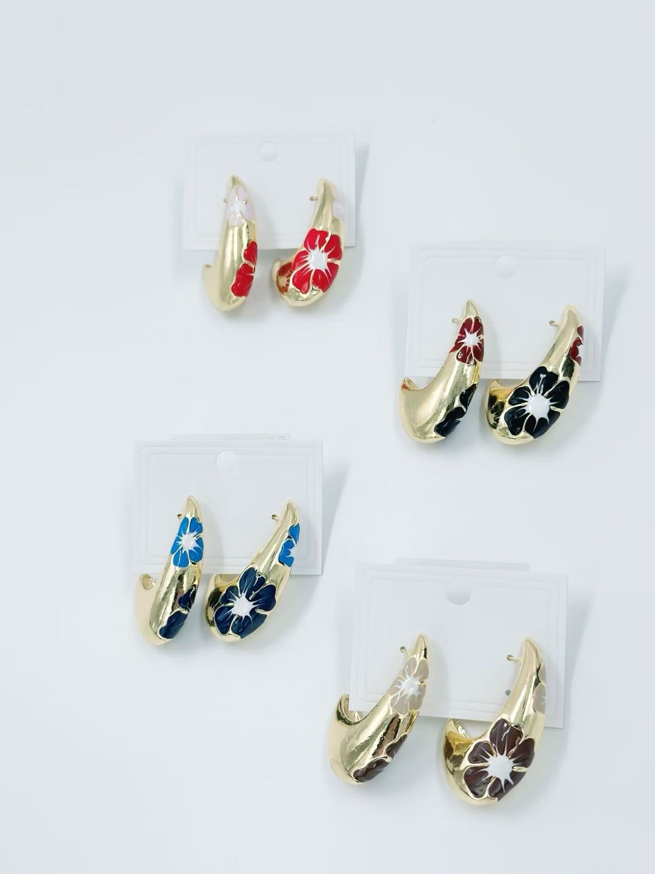 Gold-Tone Curved Floral Enamel Earrings – Multicolor Variants