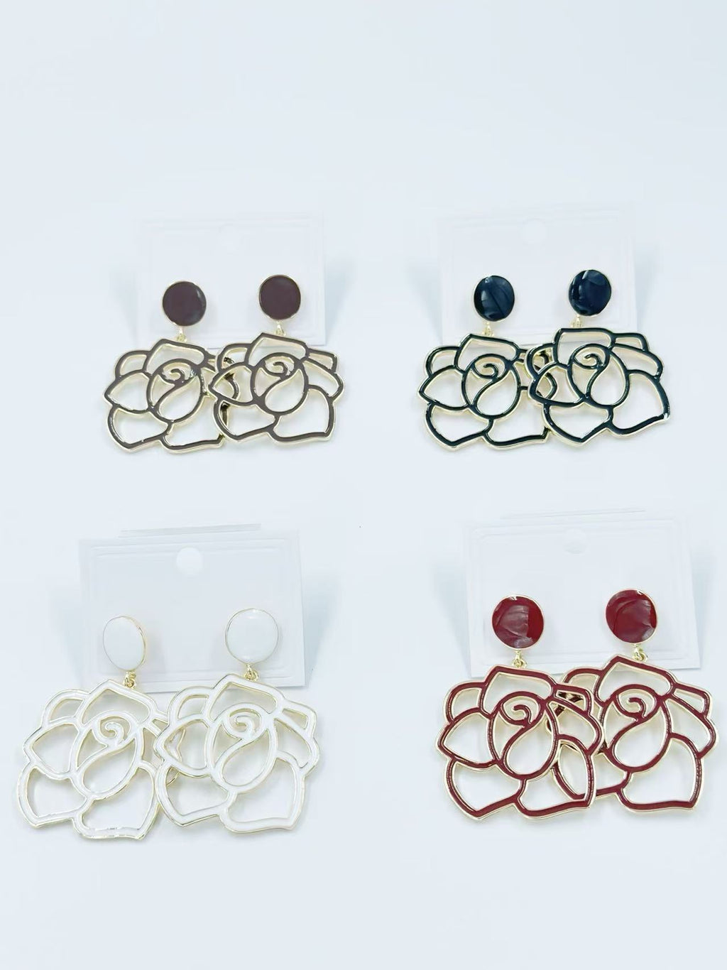 Enamel Rose Outline Drop Earrings – Romantic Statement Collection