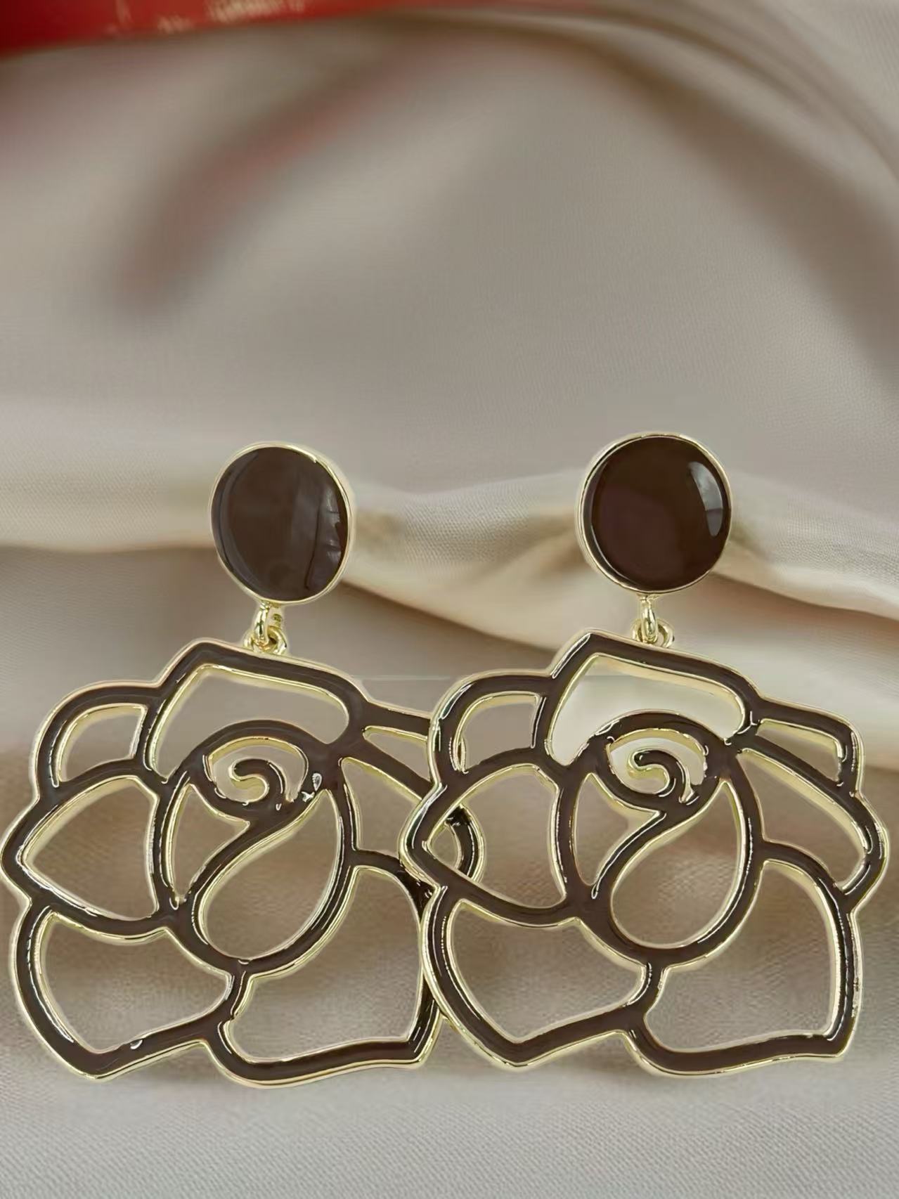 Enamel Rose Outline Drop Earrings – Romantic Statement Collection