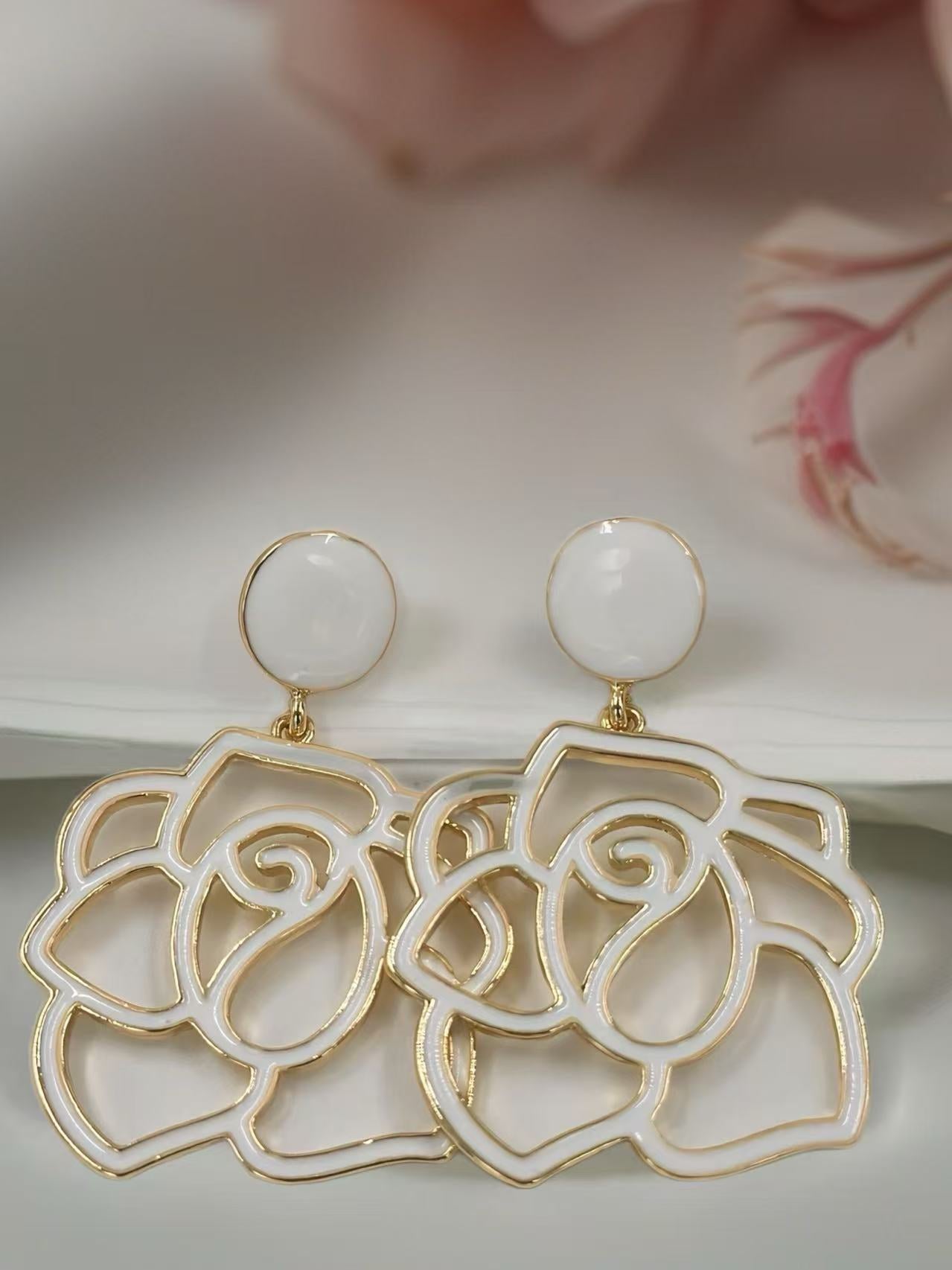 Enamel Rose Outline Drop Earrings – Romantic Statement Collection
