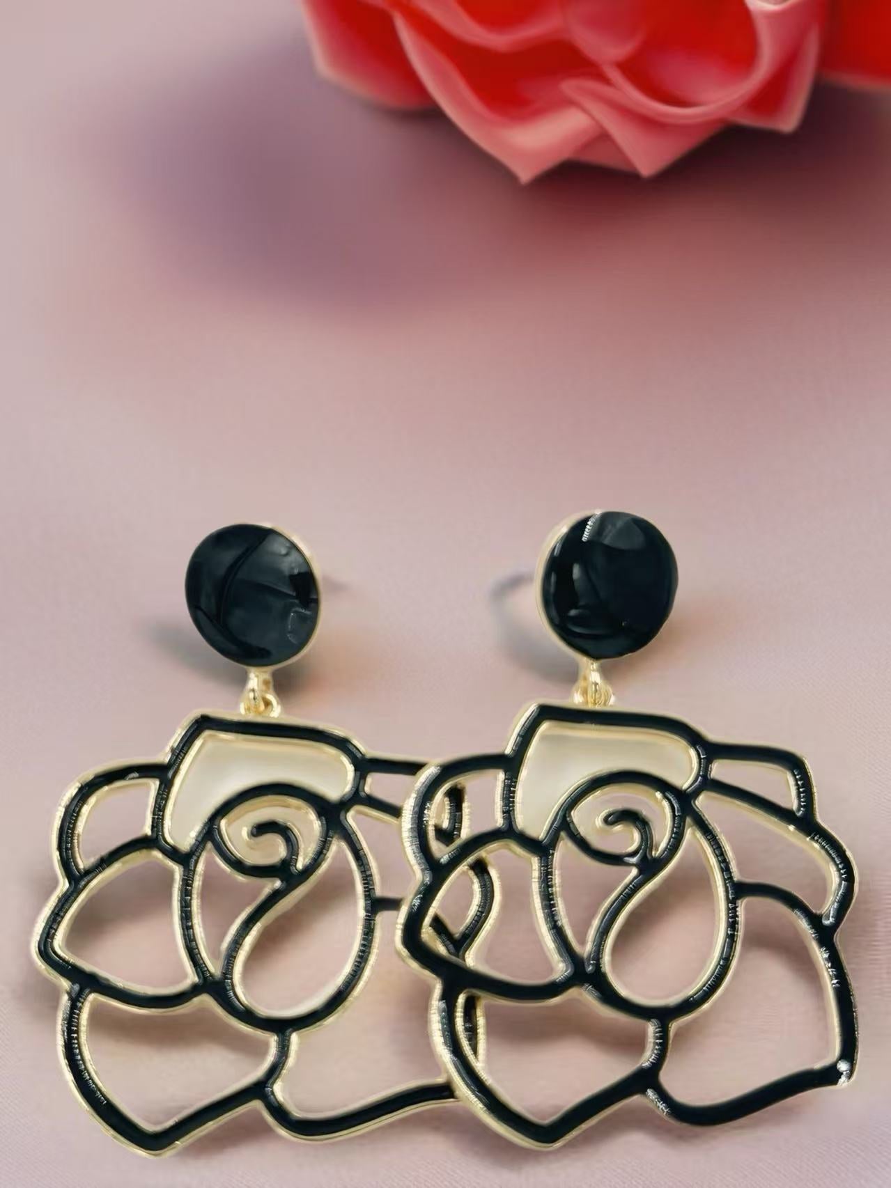 Enamel Rose Outline Drop Earrings – Romantic Statement Collection