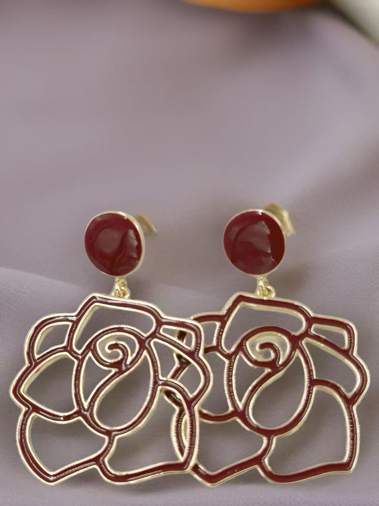 Enamel Rose Outline Drop Earrings – Romantic Statement Collection