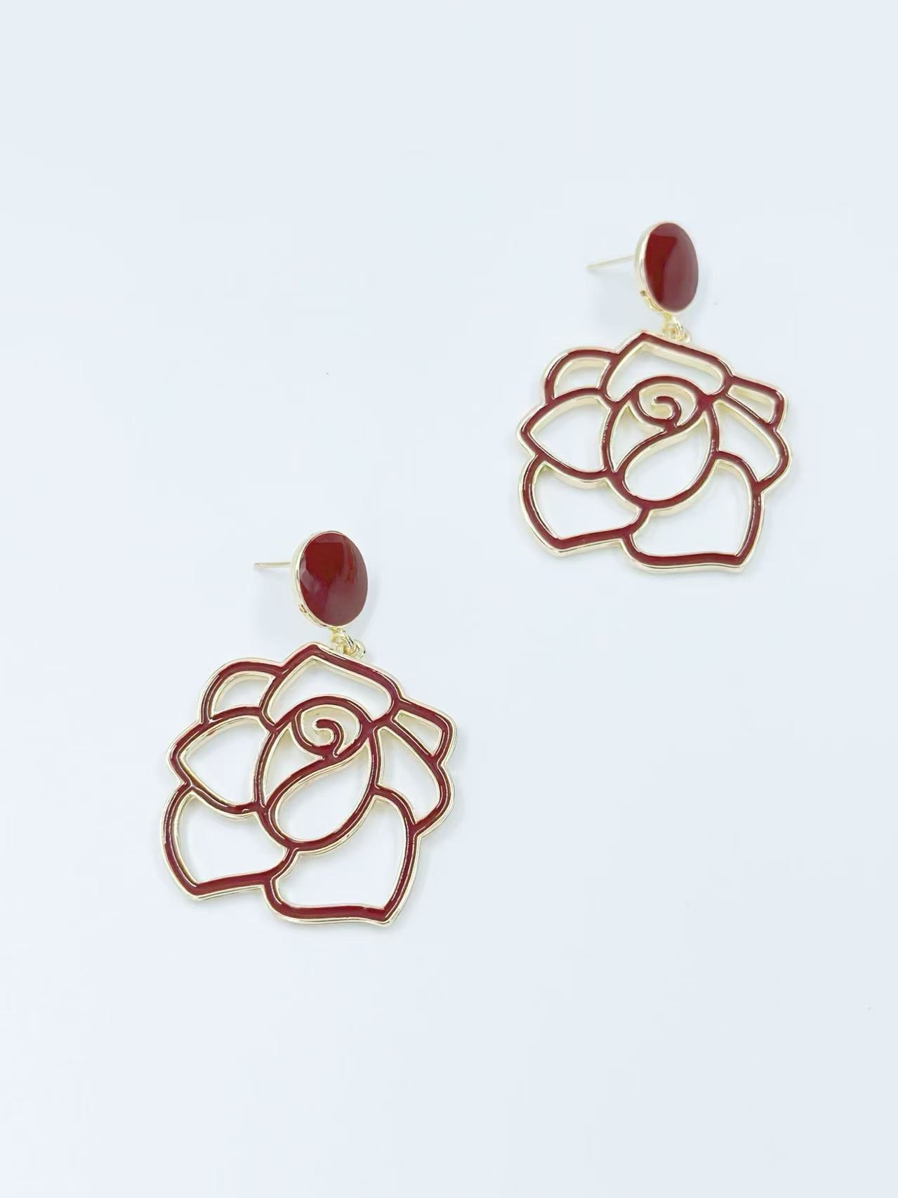 Enamel Rose Outline Drop Earrings – Romantic Statement Collection