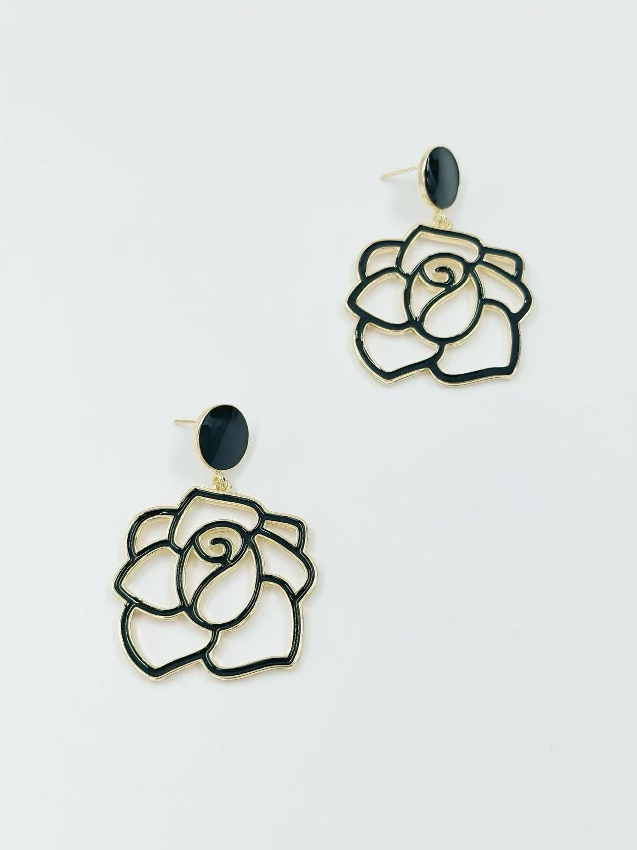 Enamel Rose Outline Drop Earrings – Romantic Statement Collection