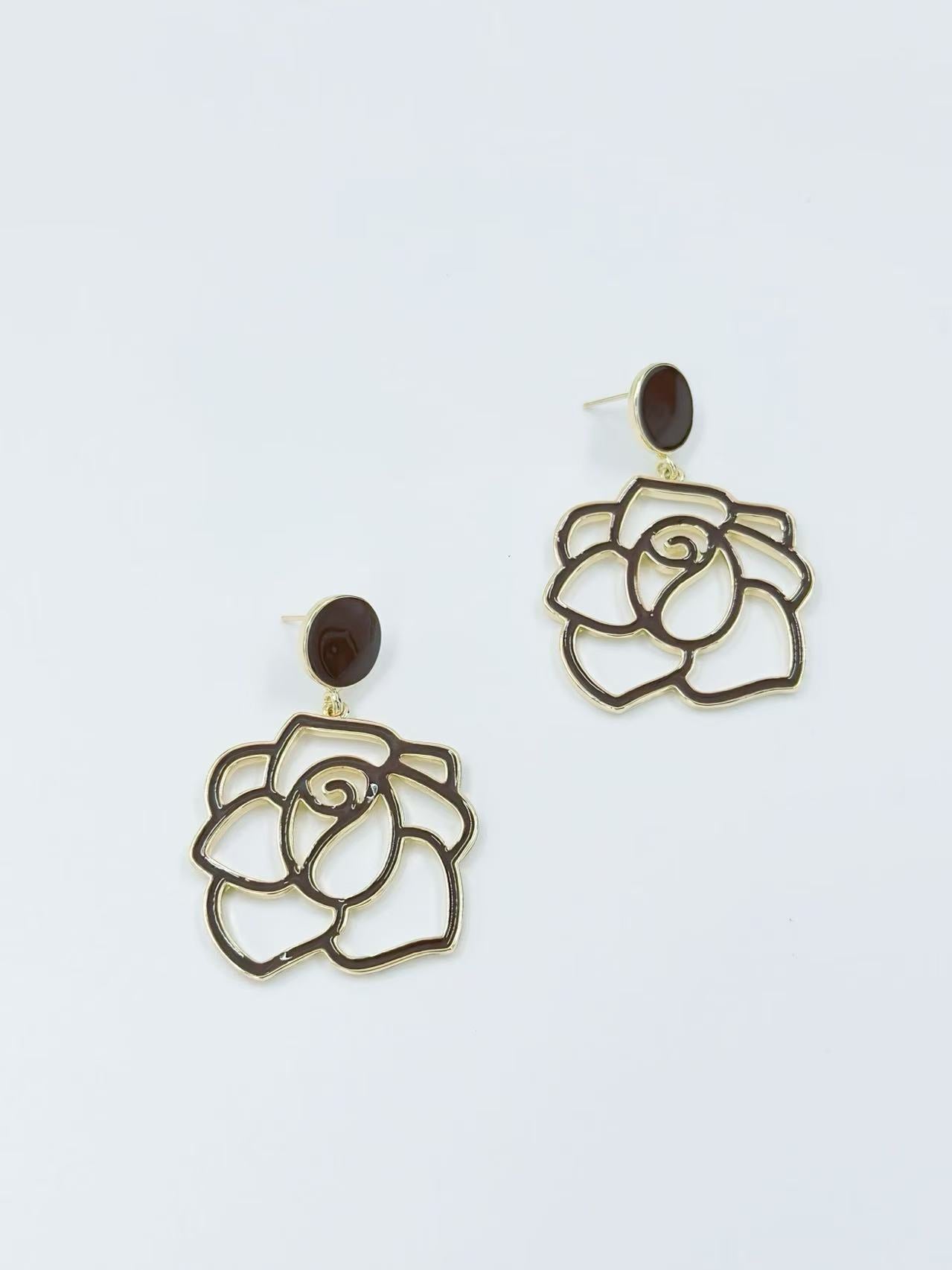 Enamel Rose Outline Drop Earrings – Romantic Statement Collection