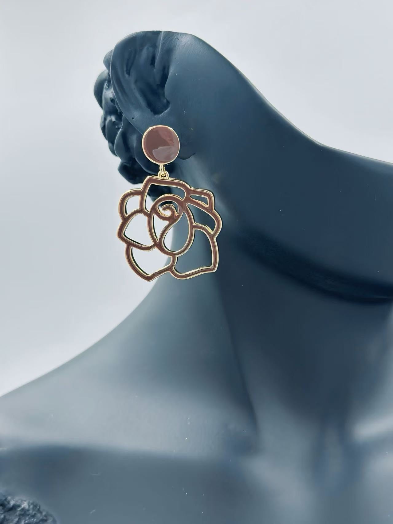 Enamel Rose Outline Drop Earrings – Romantic Statement Collection