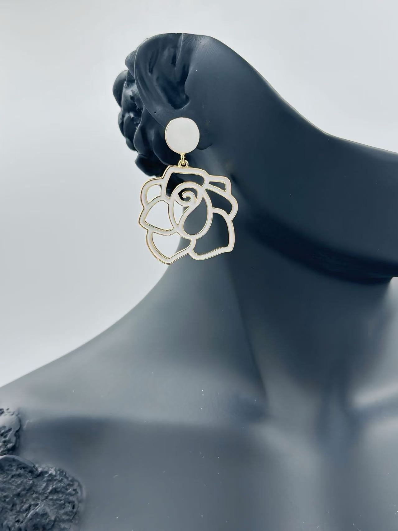 Enamel Rose Outline Drop Earrings – Romantic Statement Collection