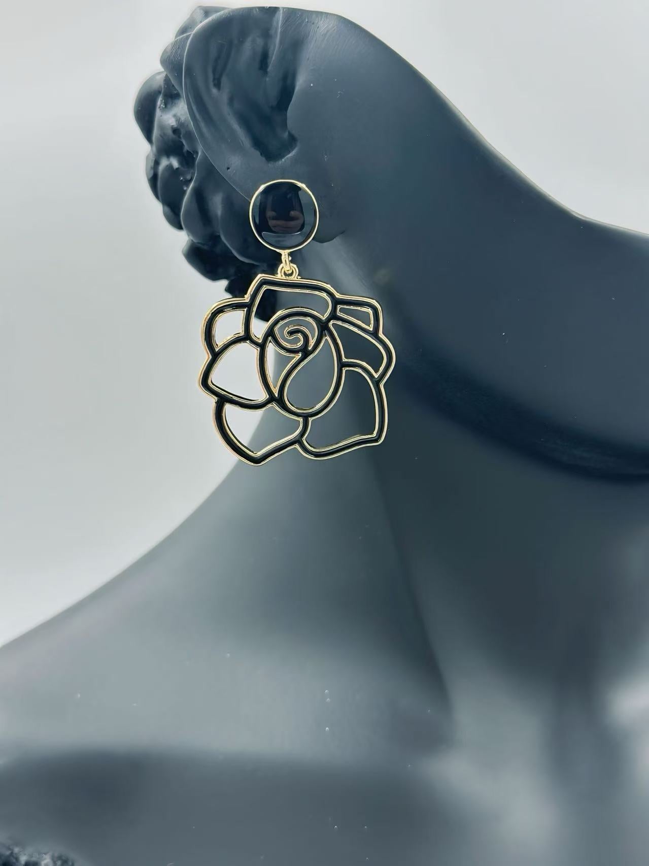 Enamel Rose Outline Drop Earrings – Romantic Statement Collection