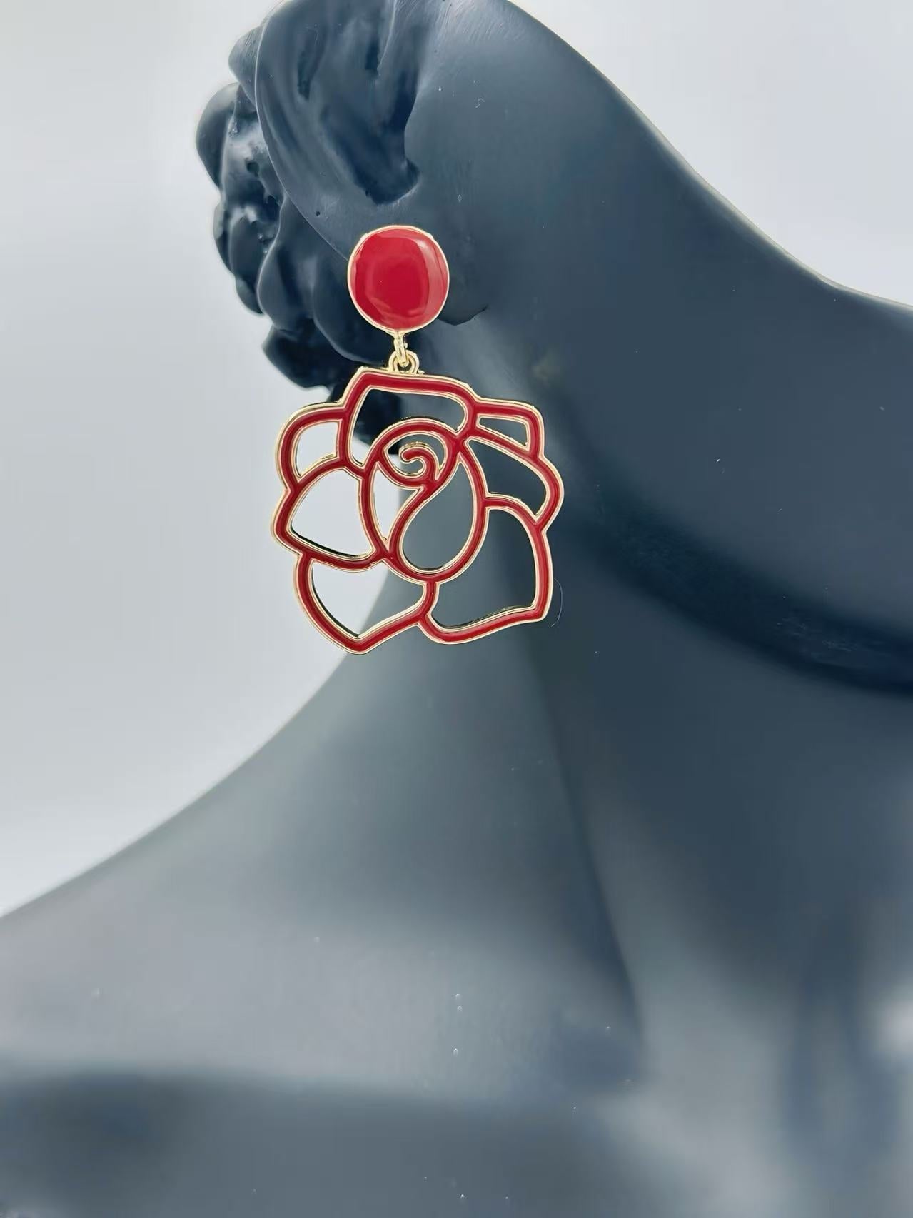 Enamel Rose Outline Drop Earrings – Romantic Statement Collection