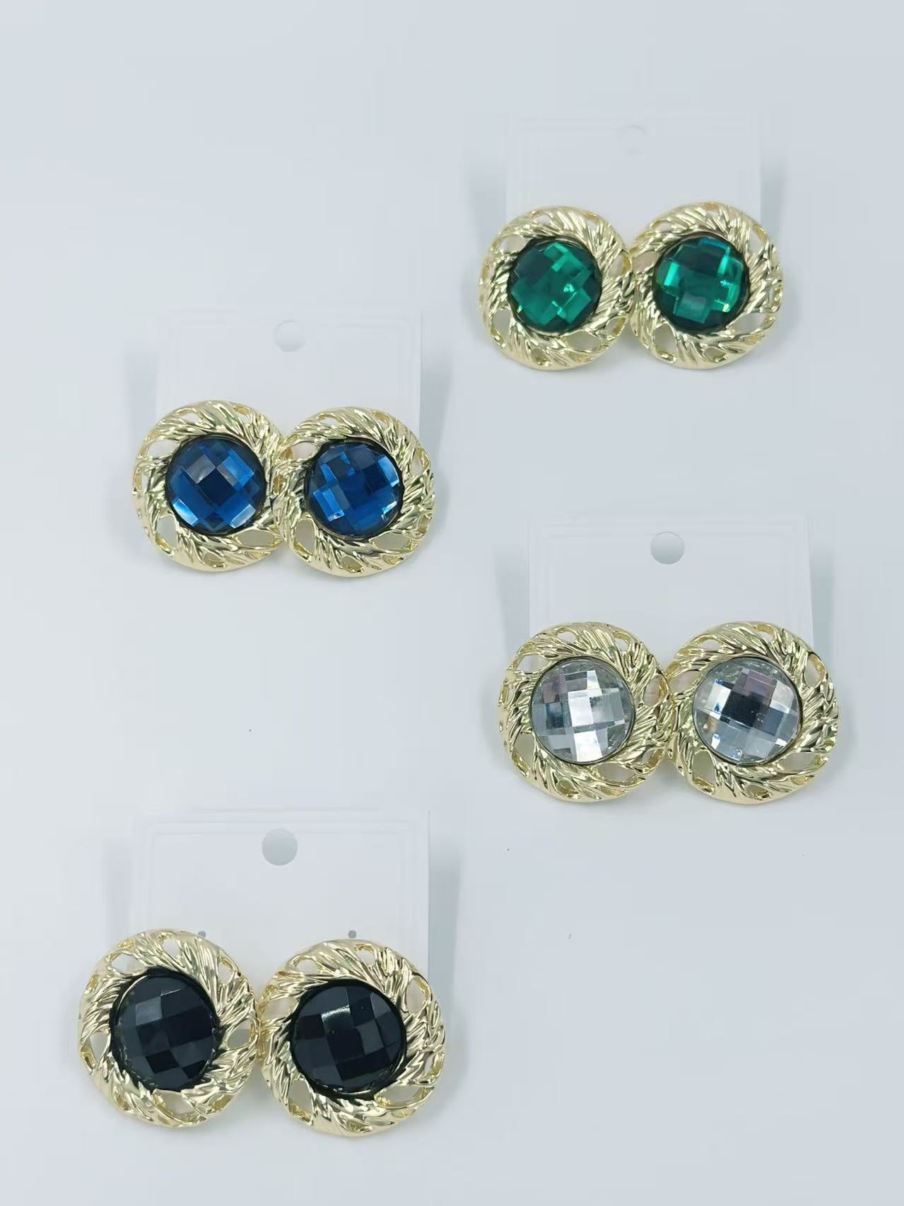 Vintage Faceted Button Earrings with Gold Rope Frame