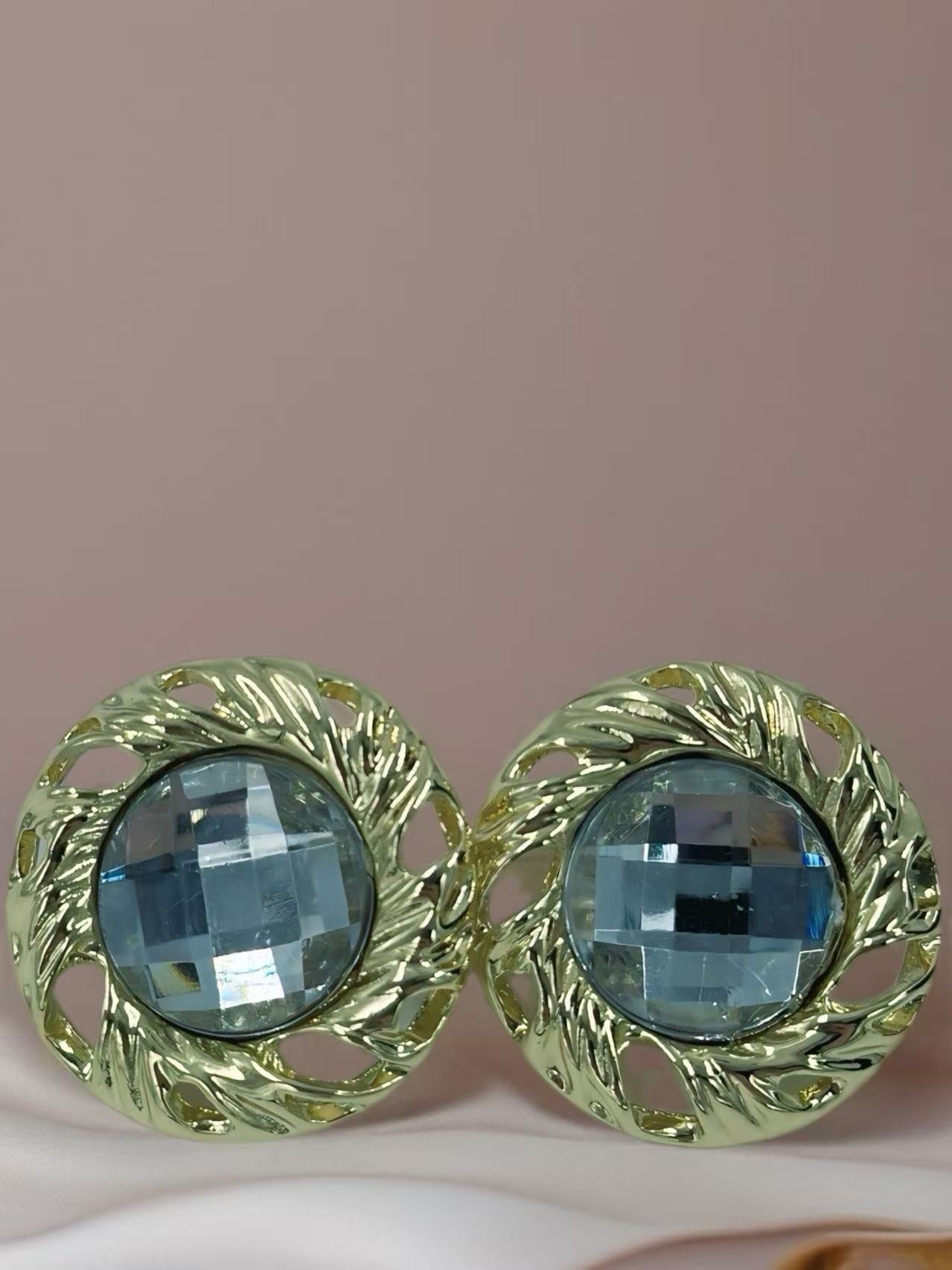 Vintage Faceted Button Earrings with Gold Rope Frame