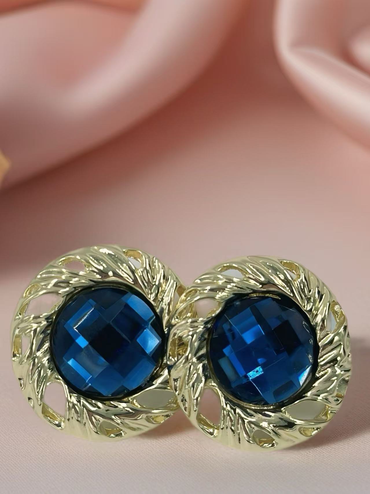 Vintage Faceted Button Earrings with Gold Rope Frame