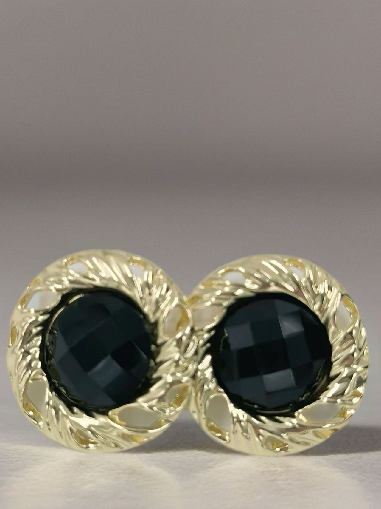 Vintage Faceted Button Earrings with Gold Rope Frame
