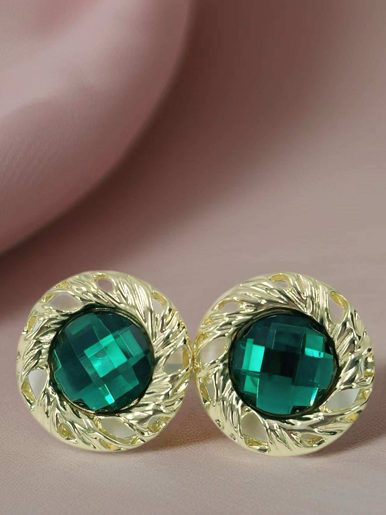 Vintage Faceted Button Earrings with Gold Rope Frame