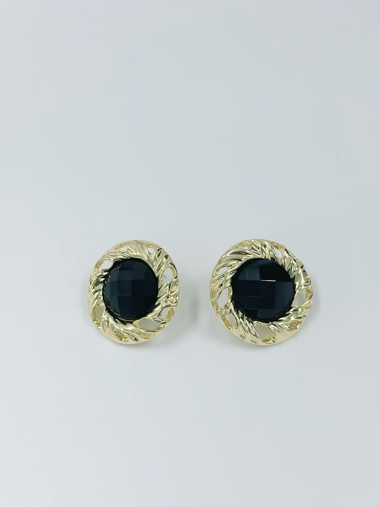 Vintage Faceted Button Earrings with Gold Rope Frame