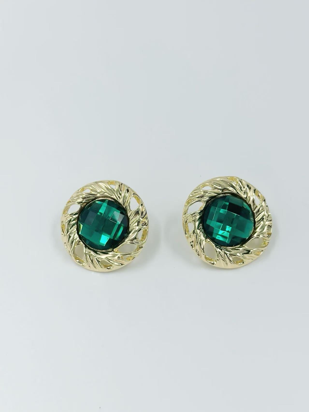 Vintage Faceted Button Earrings with Gold Rope Frame