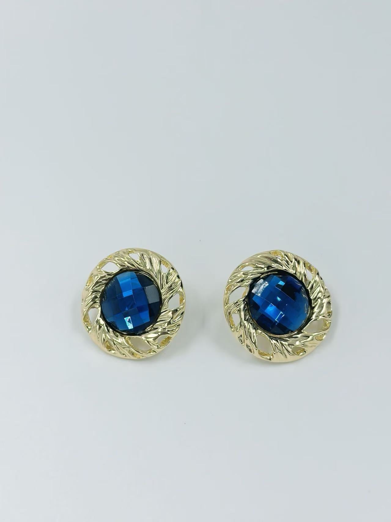 Vintage Faceted Button Earrings with Gold Rope Frame