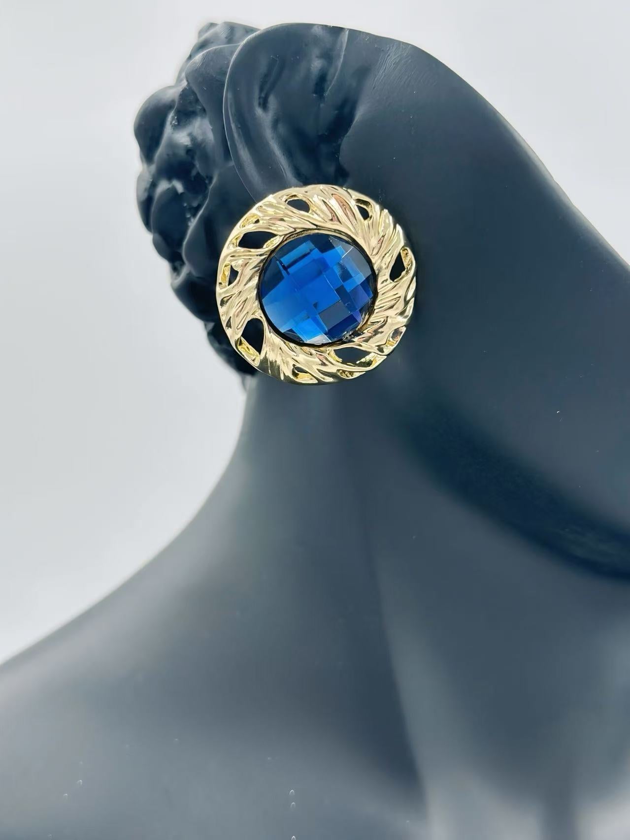 Vintage Faceted Button Earrings with Gold Rope Frame