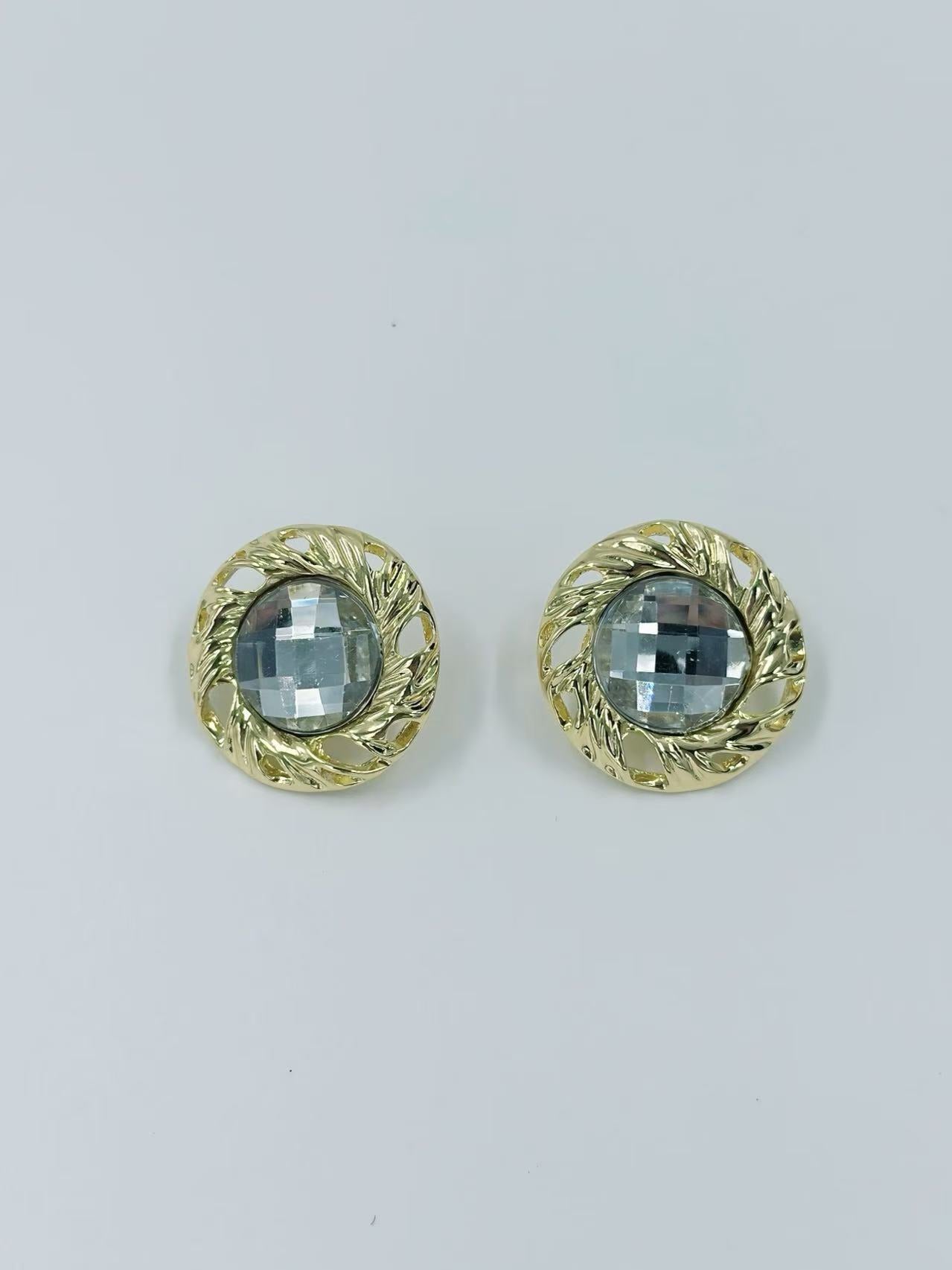 Vintage Faceted Button Earrings with Gold Rope Frame