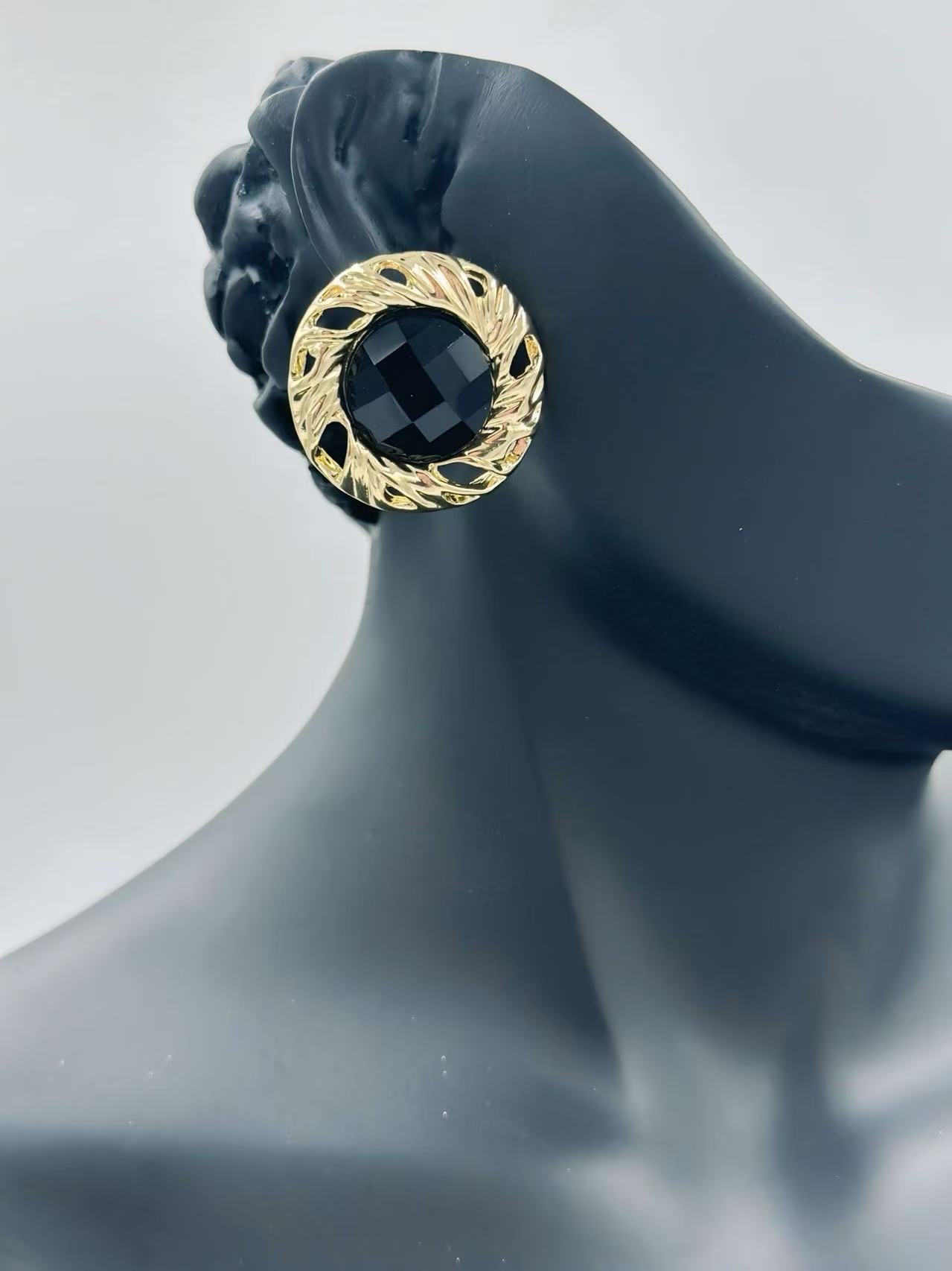 Vintage Faceted Button Earrings with Gold Rope Frame