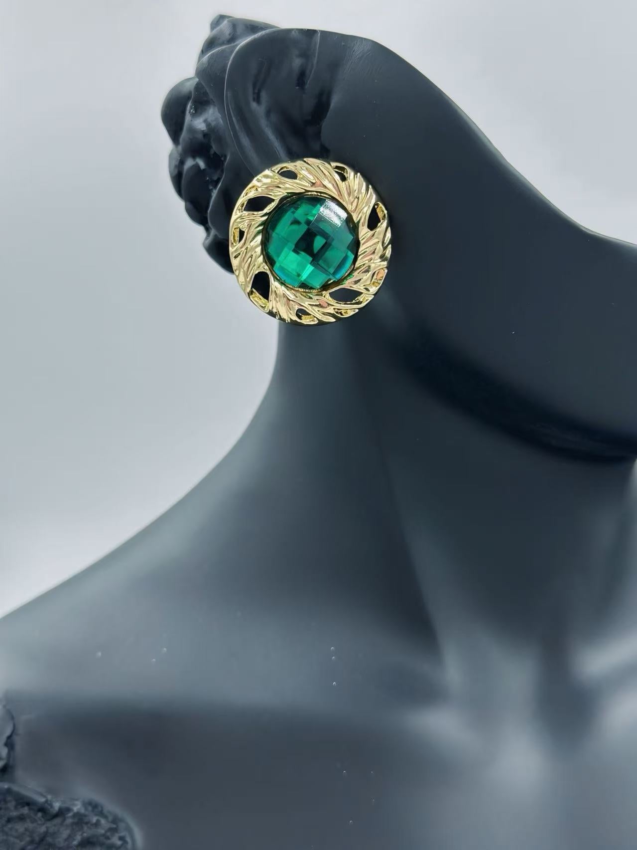Vintage Faceted Button Earrings with Gold Rope Frame