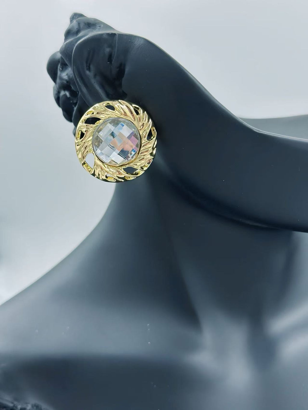 Vintage Faceted Button Earrings with Gold Rope Frame