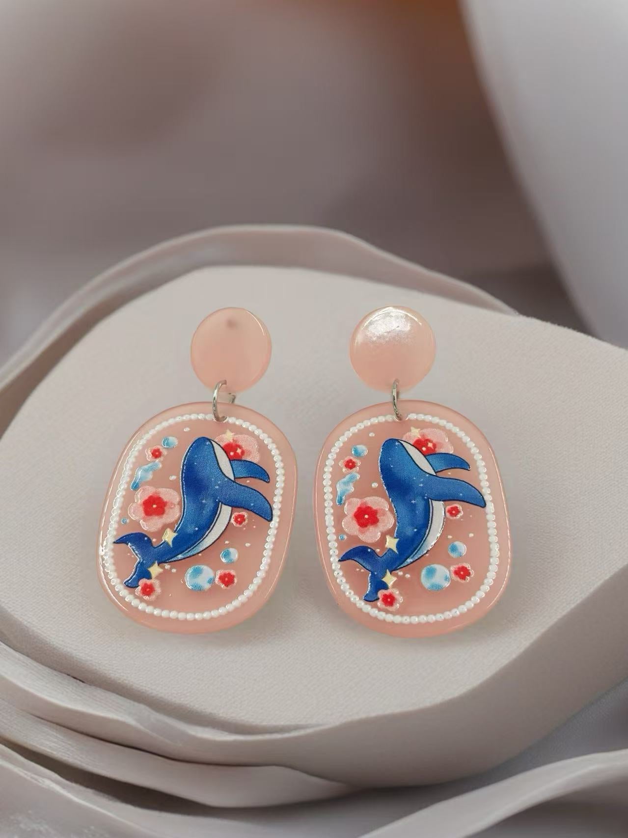 Ocean Whale Floral Stud Earrings