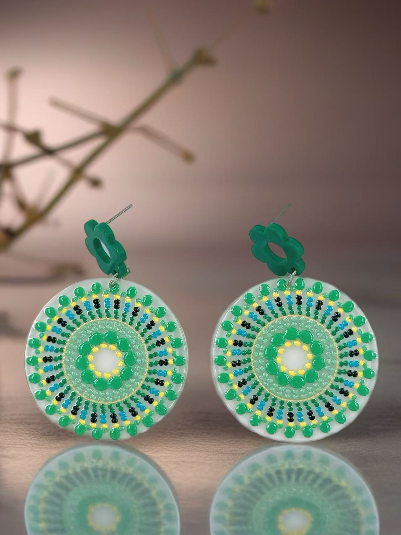 Green Mandala Bloom Earrings