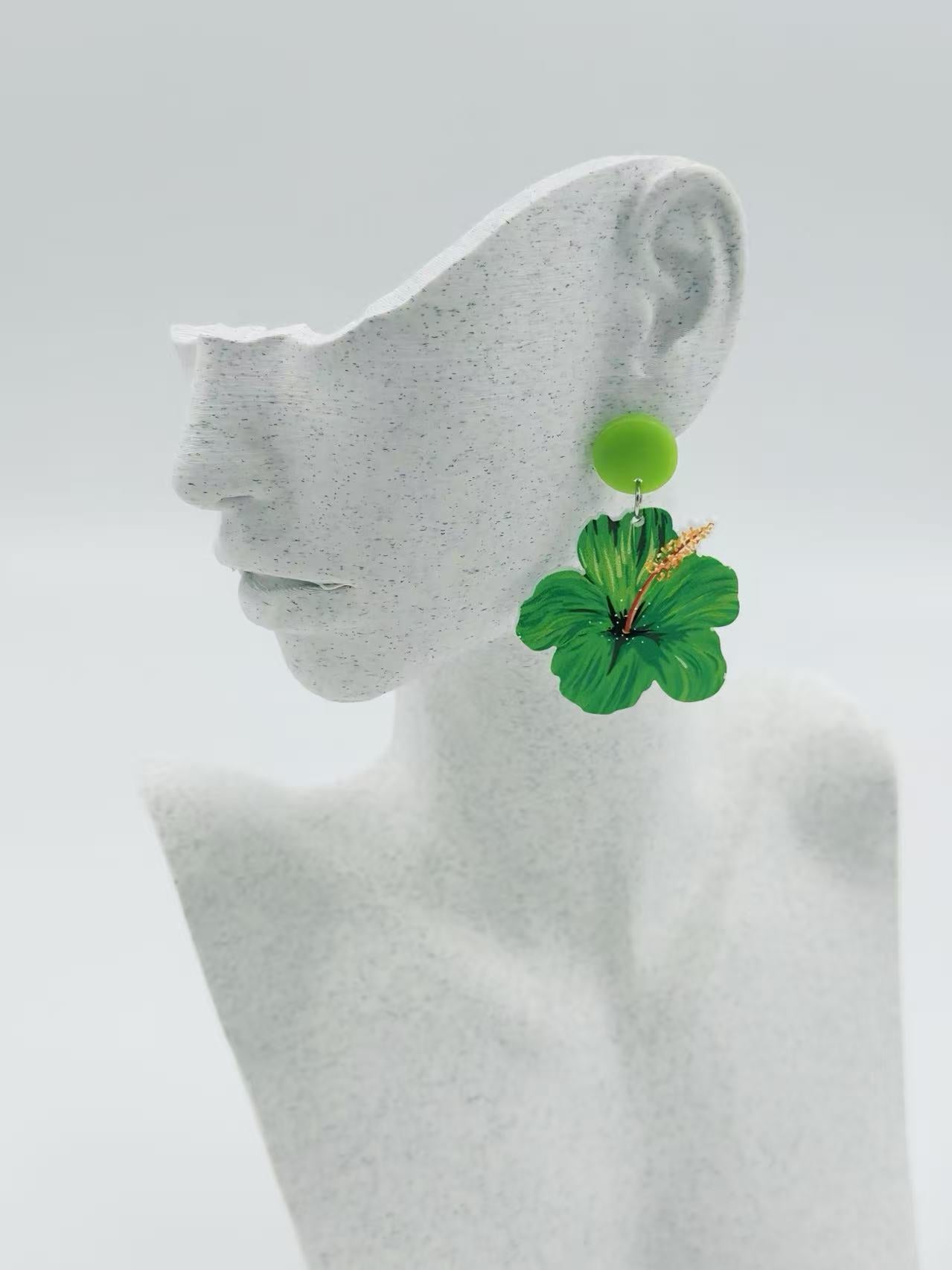 Tropical Green Hibiscus Flower Earrings