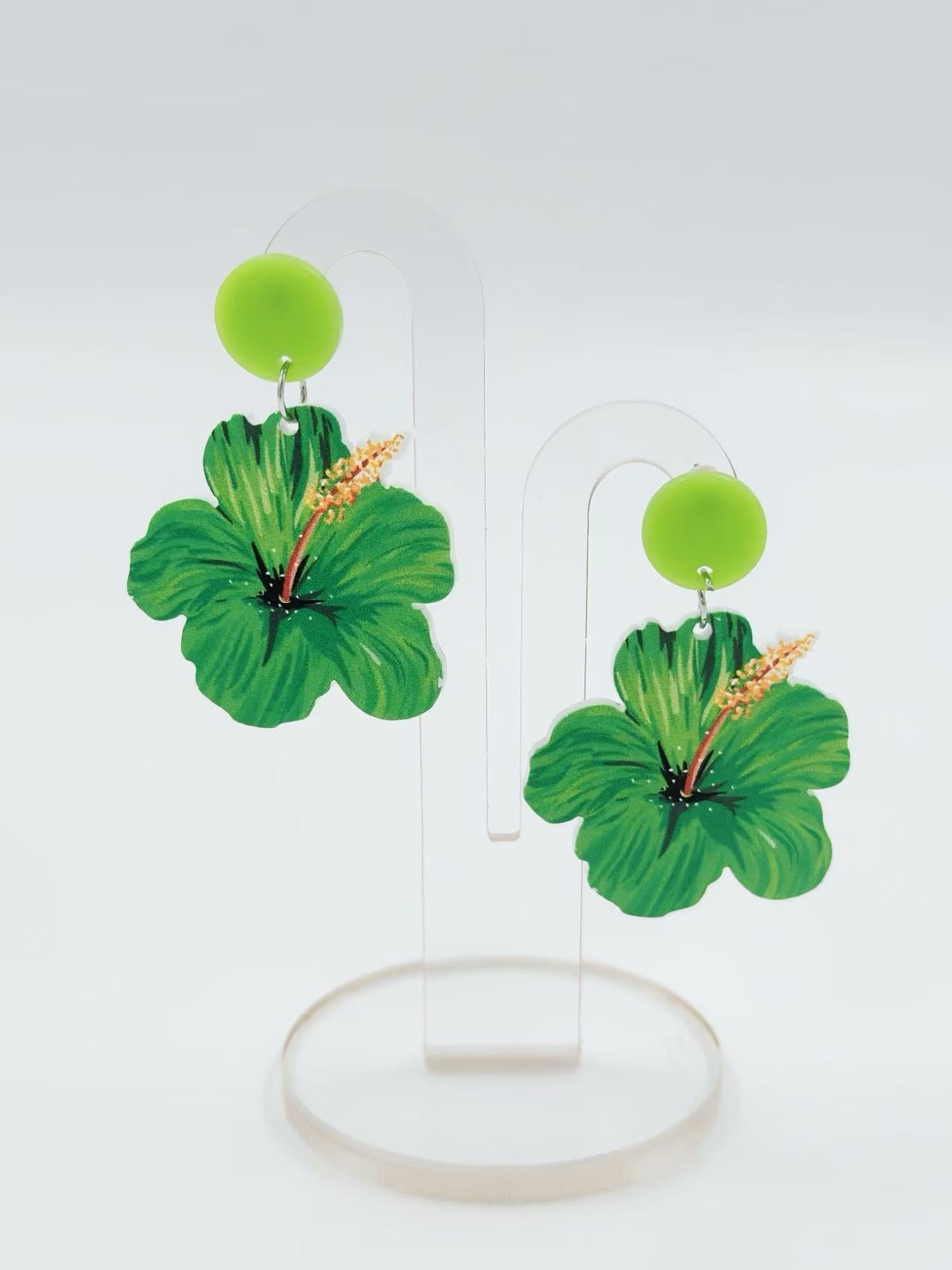 Tropical Green Hibiscus Flower Earrings