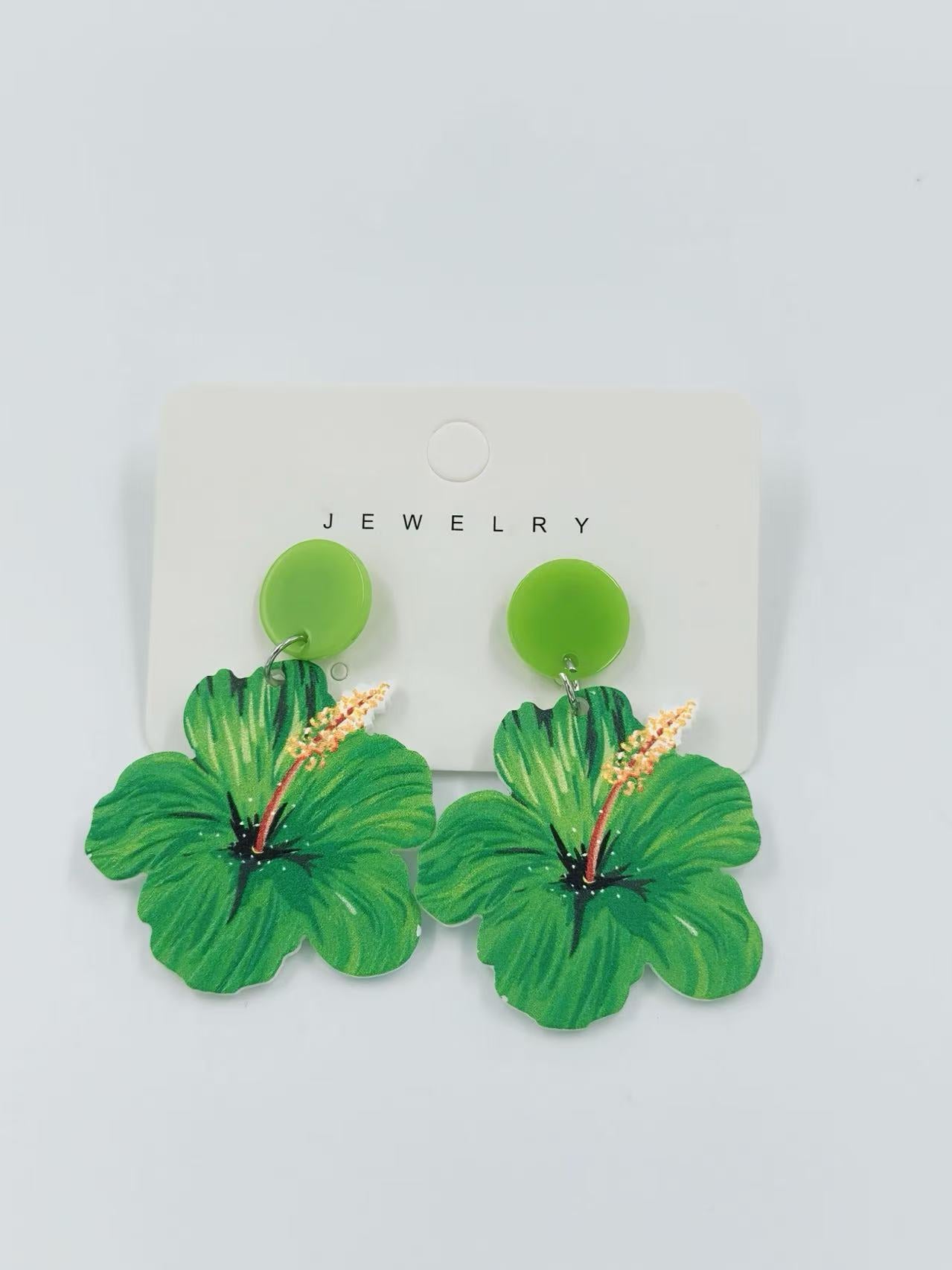 Tropical Green Hibiscus Flower Earrings