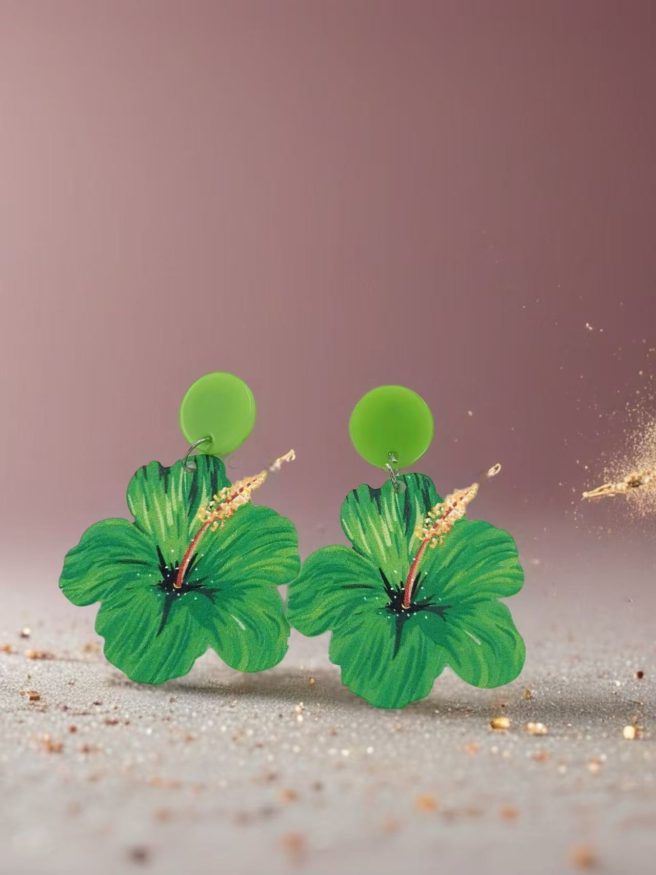 Tropical Green Hibiscus Flower Earrings