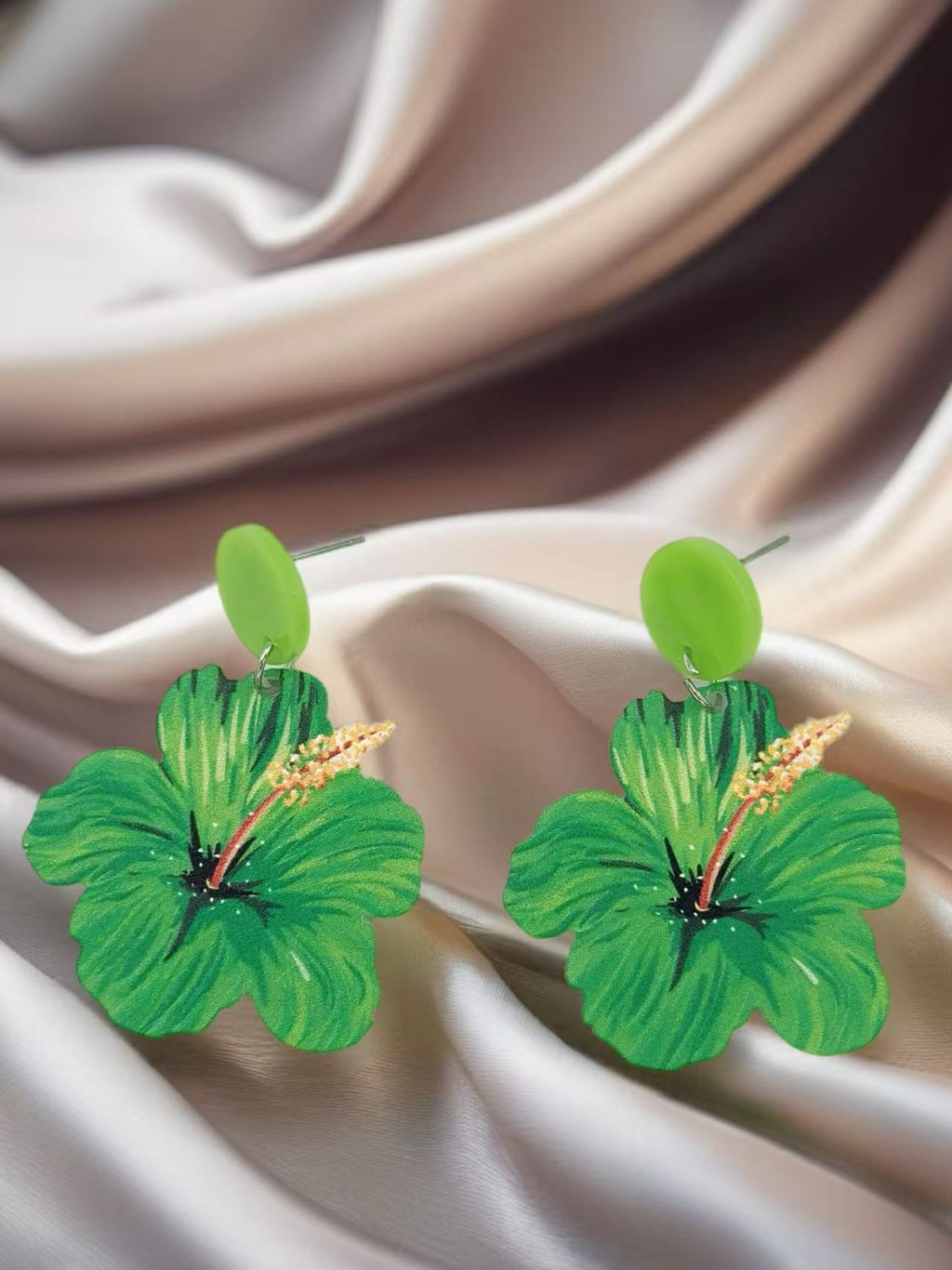 Tropical Green Hibiscus Flower Earrings