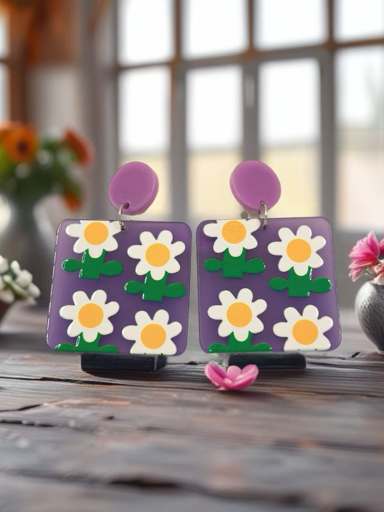 Playful Daisies on Purple Earrings