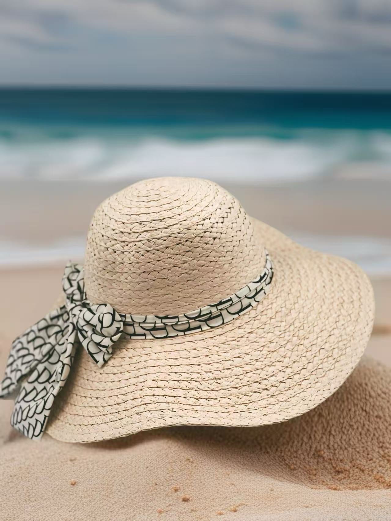 Beige Woven Straw Hat with Patterned Bow