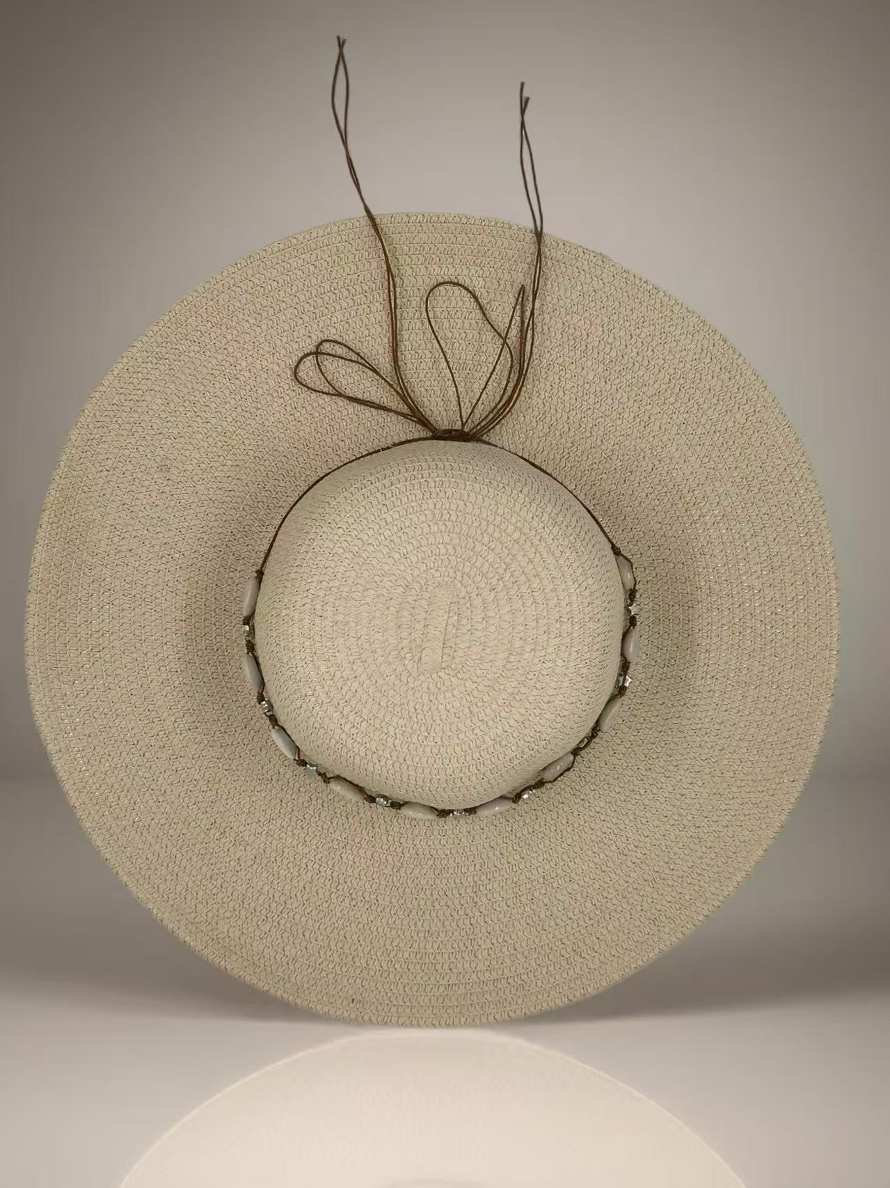 Beige Wide-Brim Sun Hat with Seashell Accent
