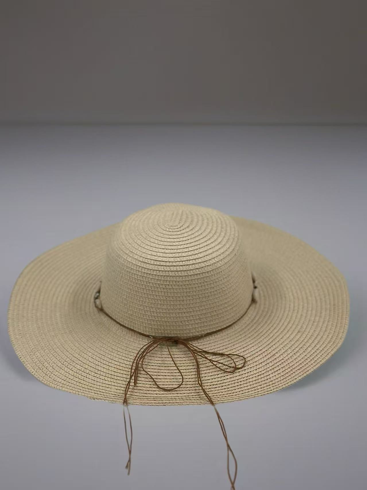 Beige Wide-Brim Sun Hat with Seashell Accent