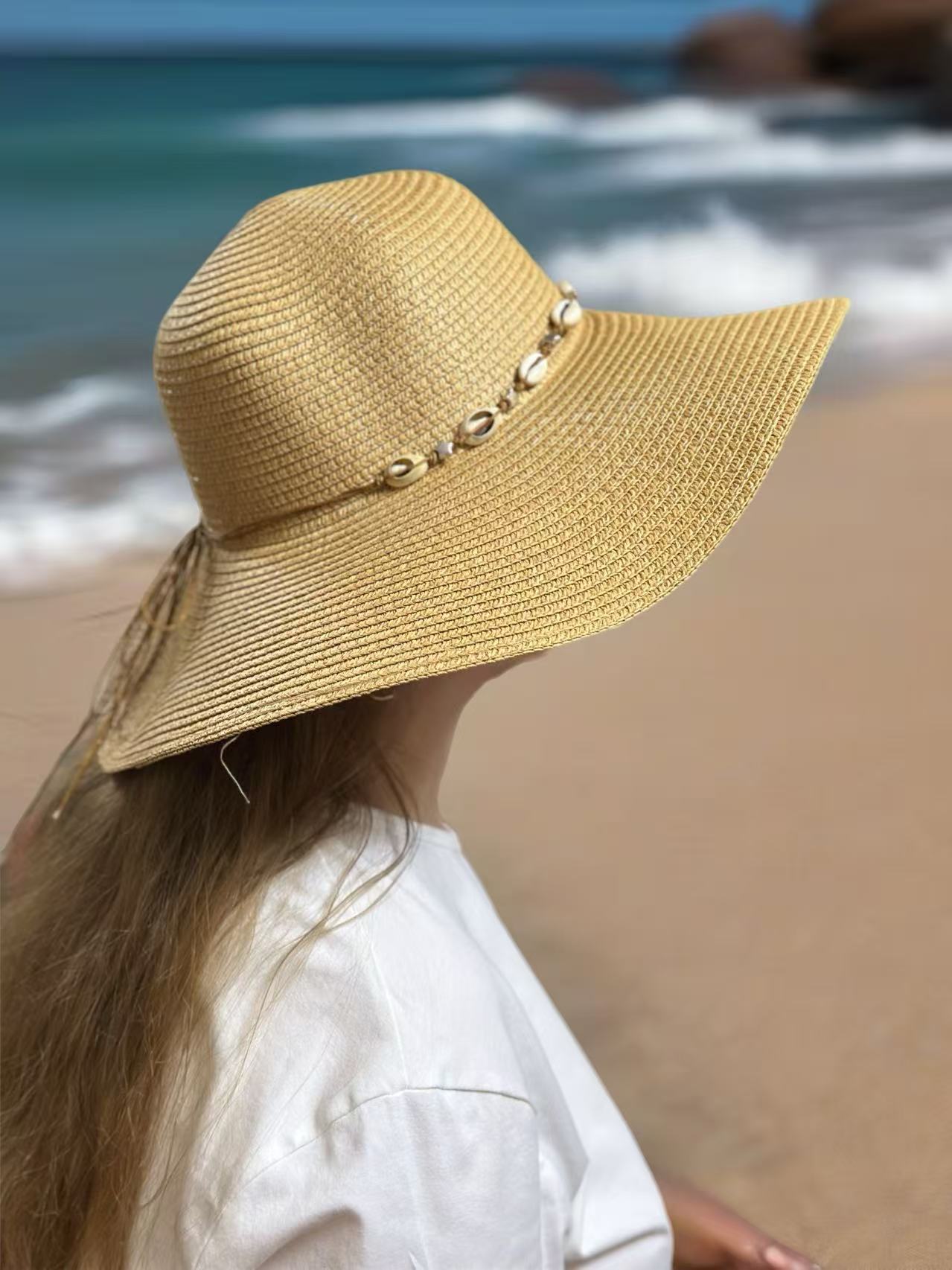 Beige Wide-Brim Sun Hat with Seashell Accent