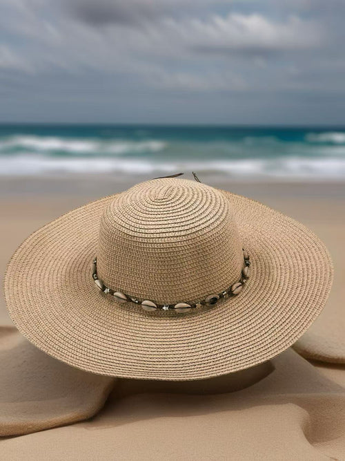 Beige Wide-Brim Sun Hat with Seashell Accent