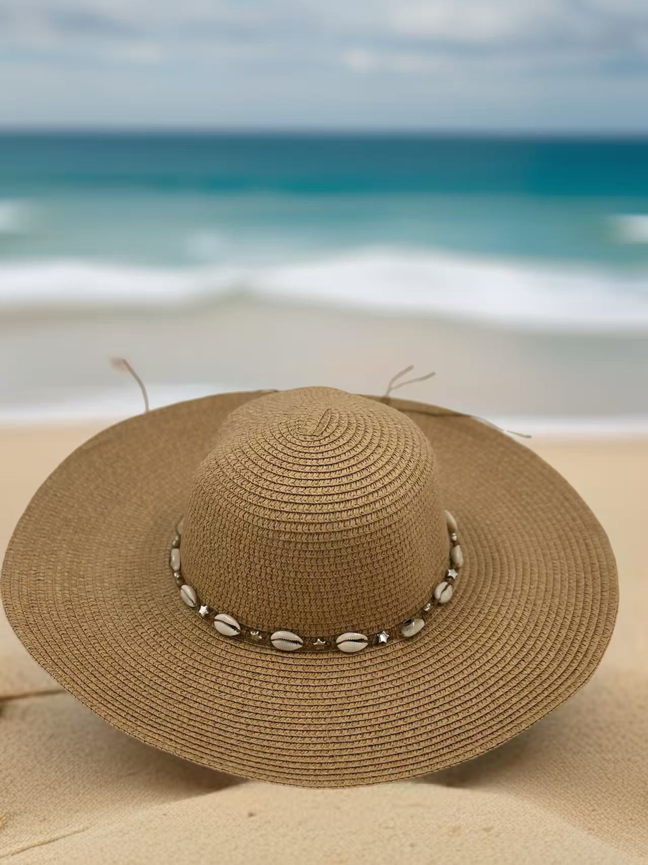 Beige Wide-Brim Sun Hat with Seashell Accent