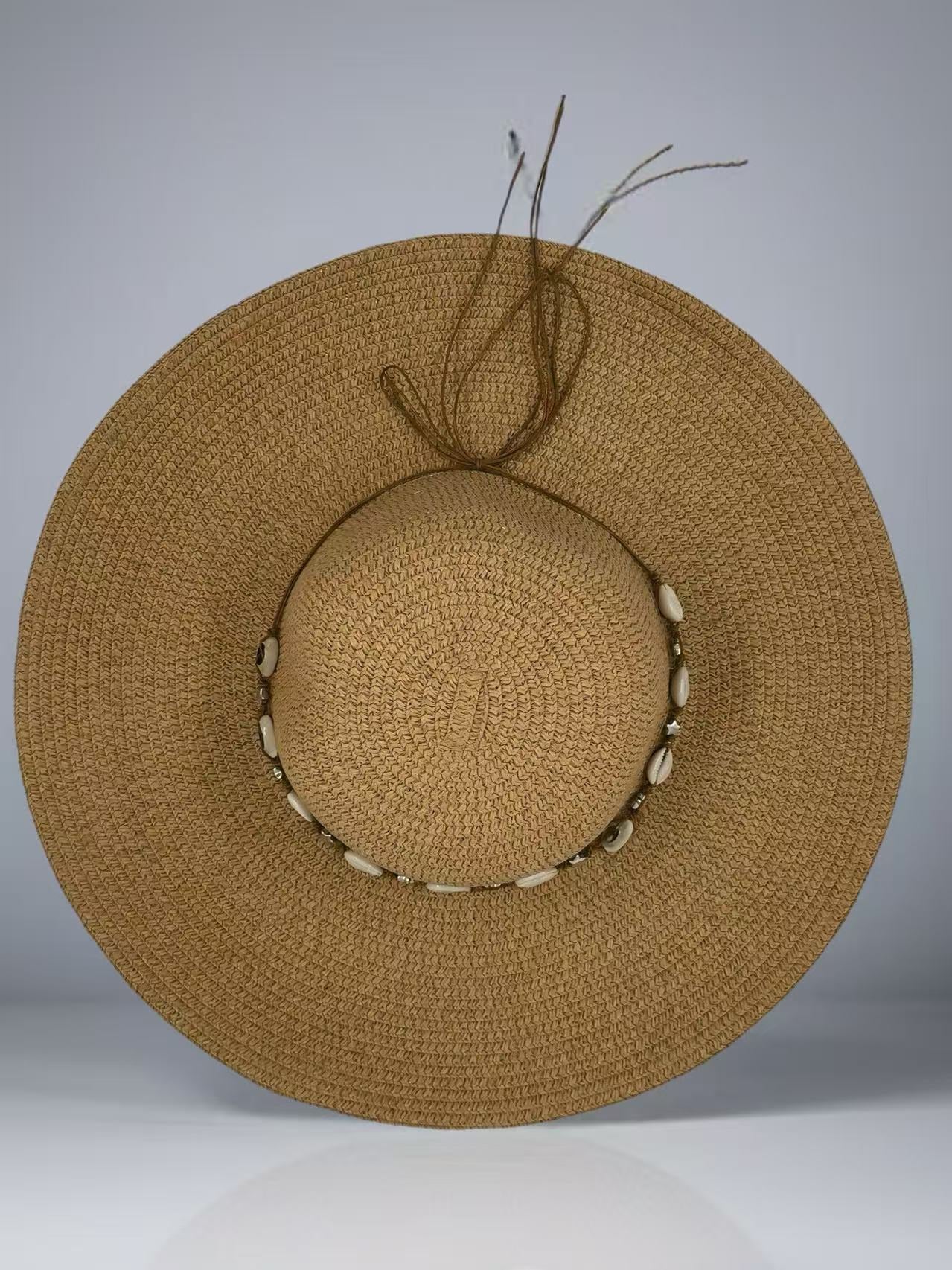 Beige Wide-Brim Sun Hat with Seashell Accent