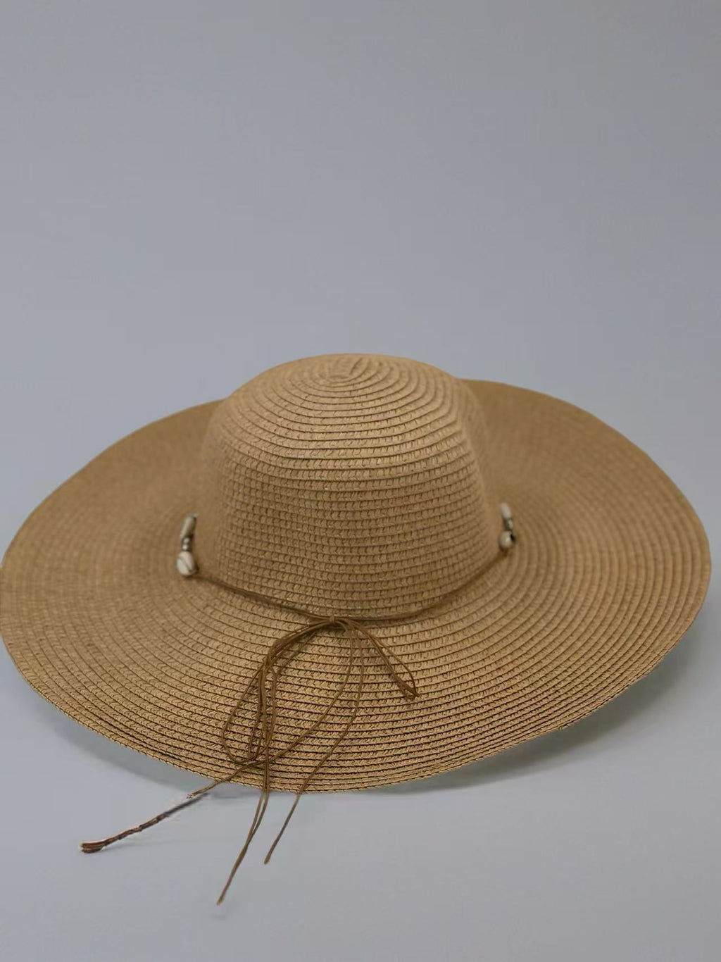 Beige Wide-Brim Sun Hat with Seashell Accent