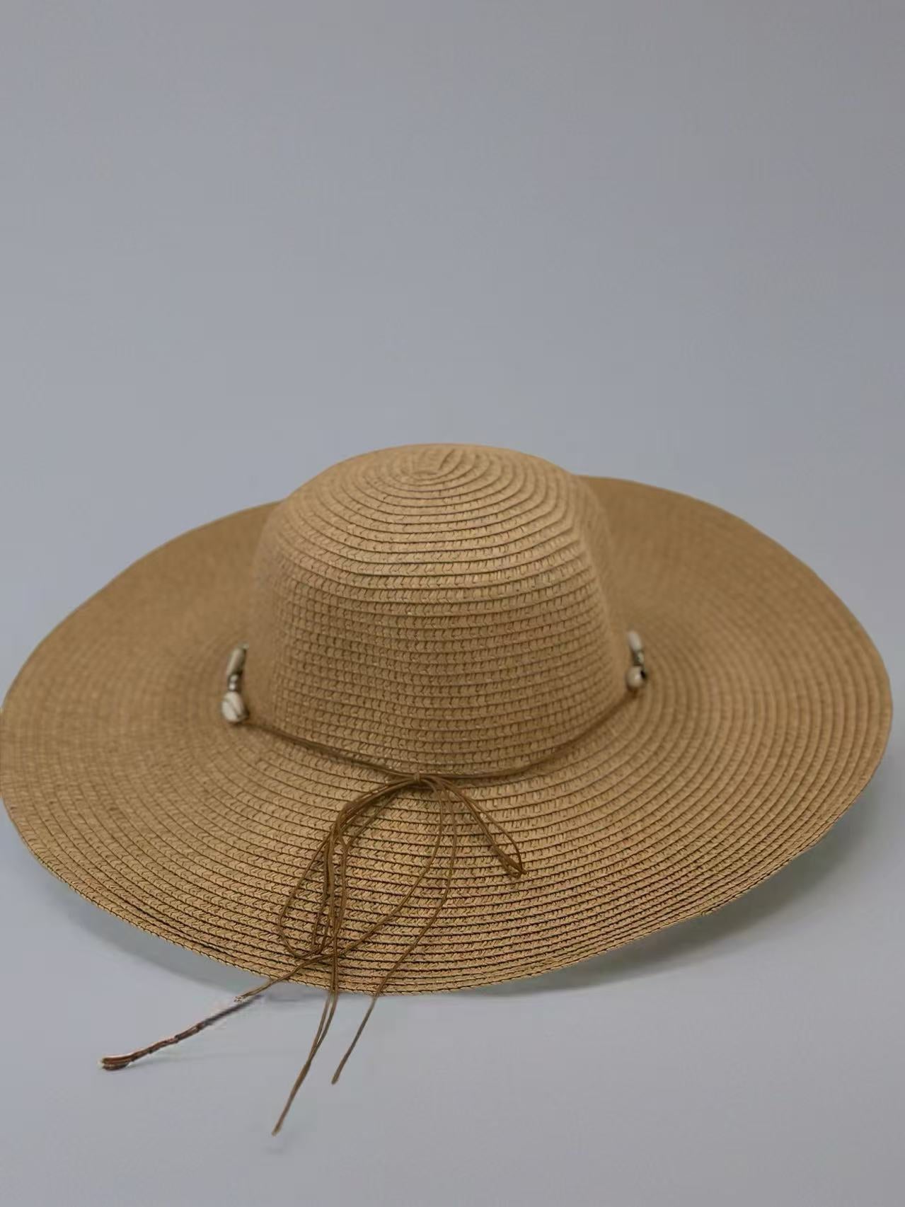 Beige Wide-Brim Sun Hat with Seashell Accent