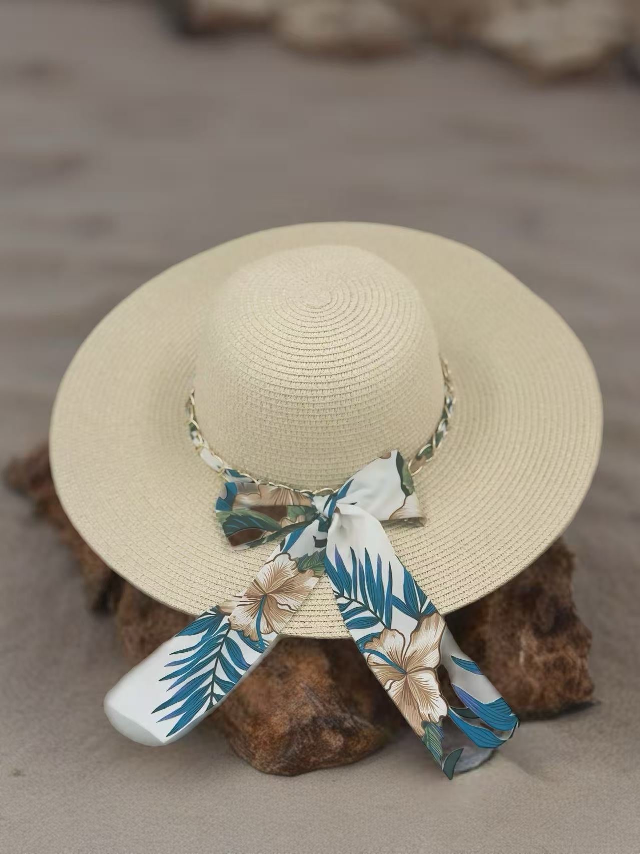 Beige Sun Hat with Tropical Floral Ribbon