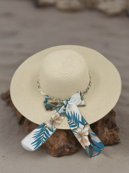 Beige Sun Hat with Tropical Floral Ribbon