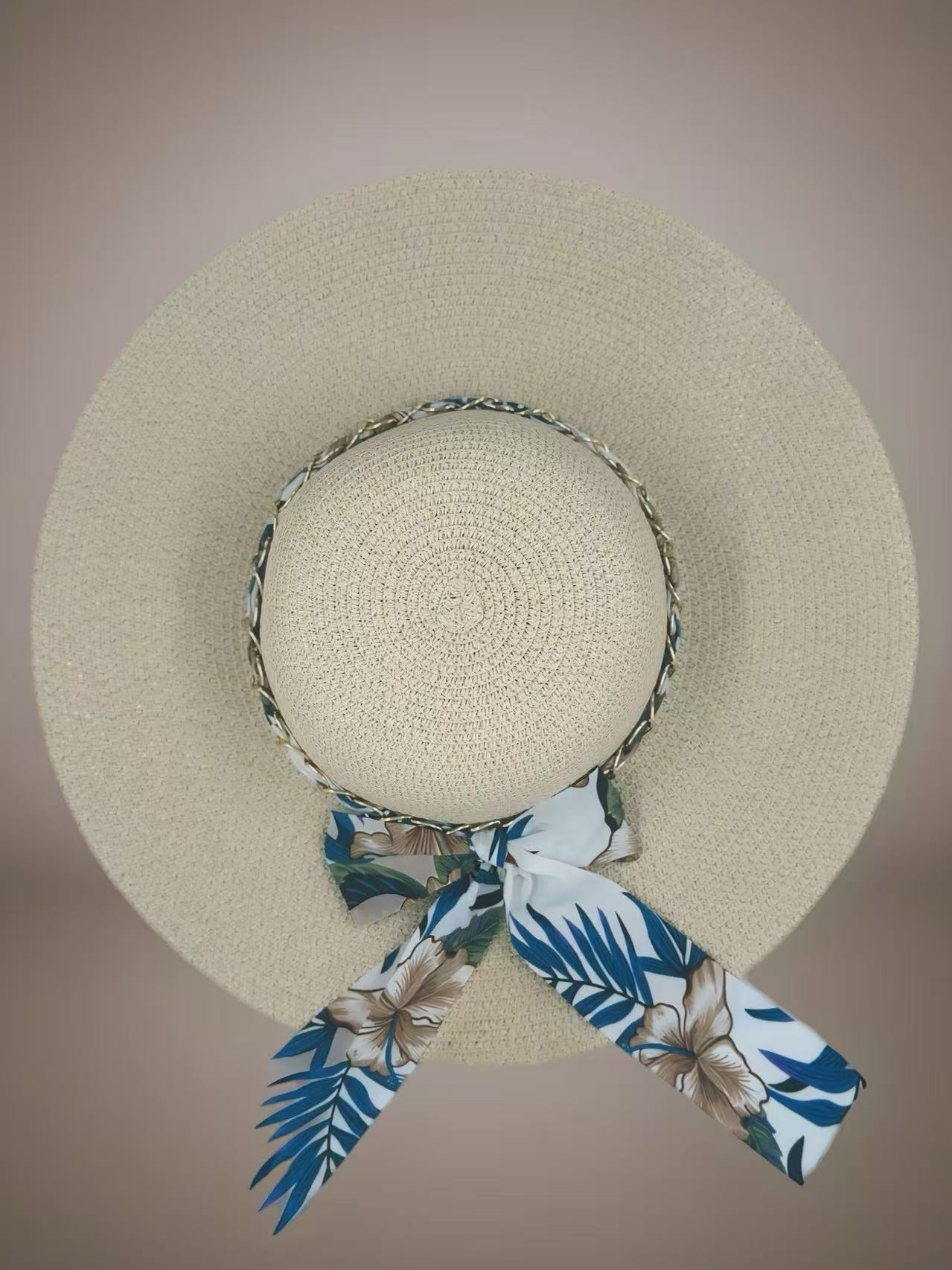 Beige Sun Hat with Tropical Floral Ribbon